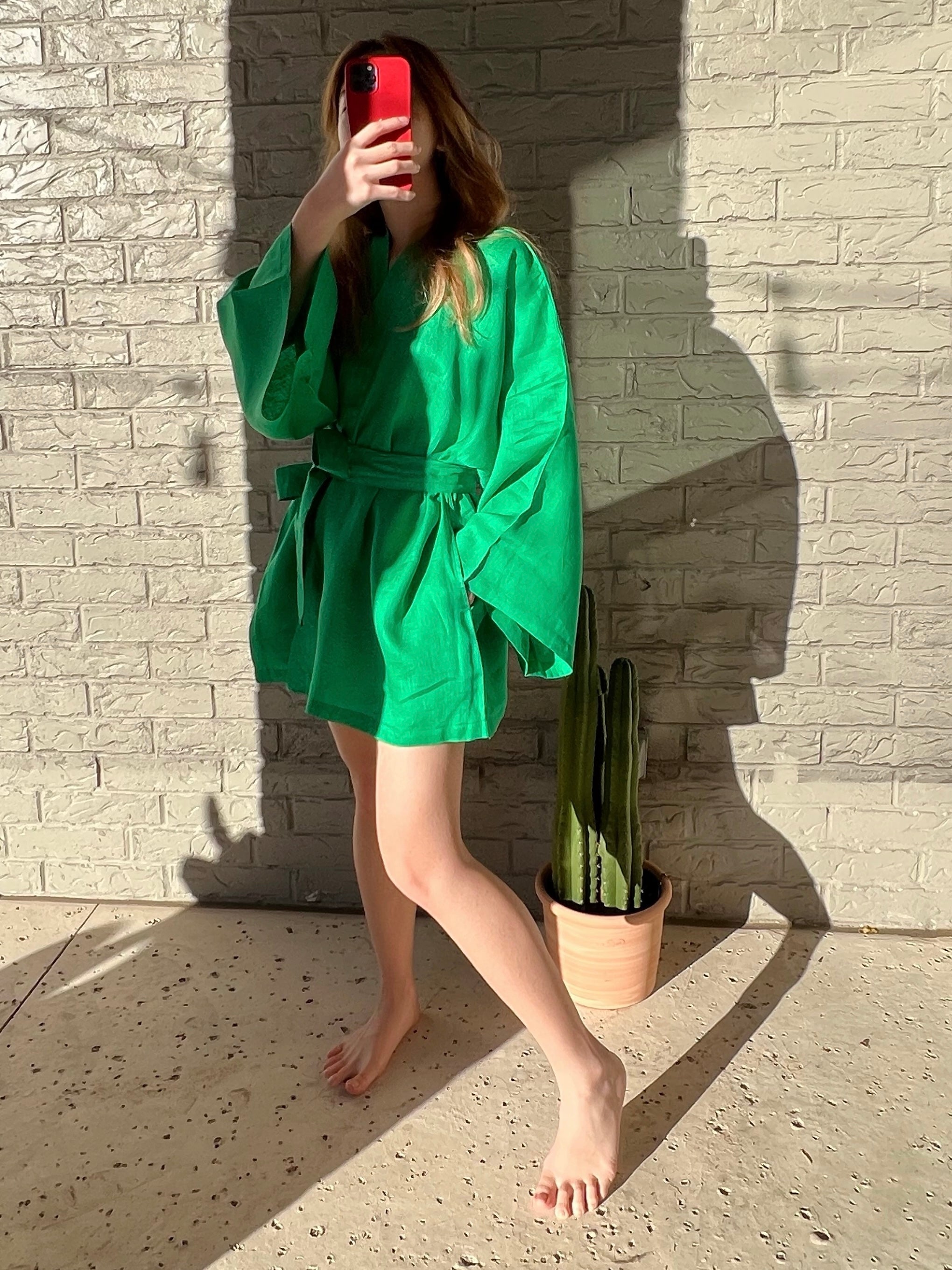Kira Kimono Linen Wrap - Green