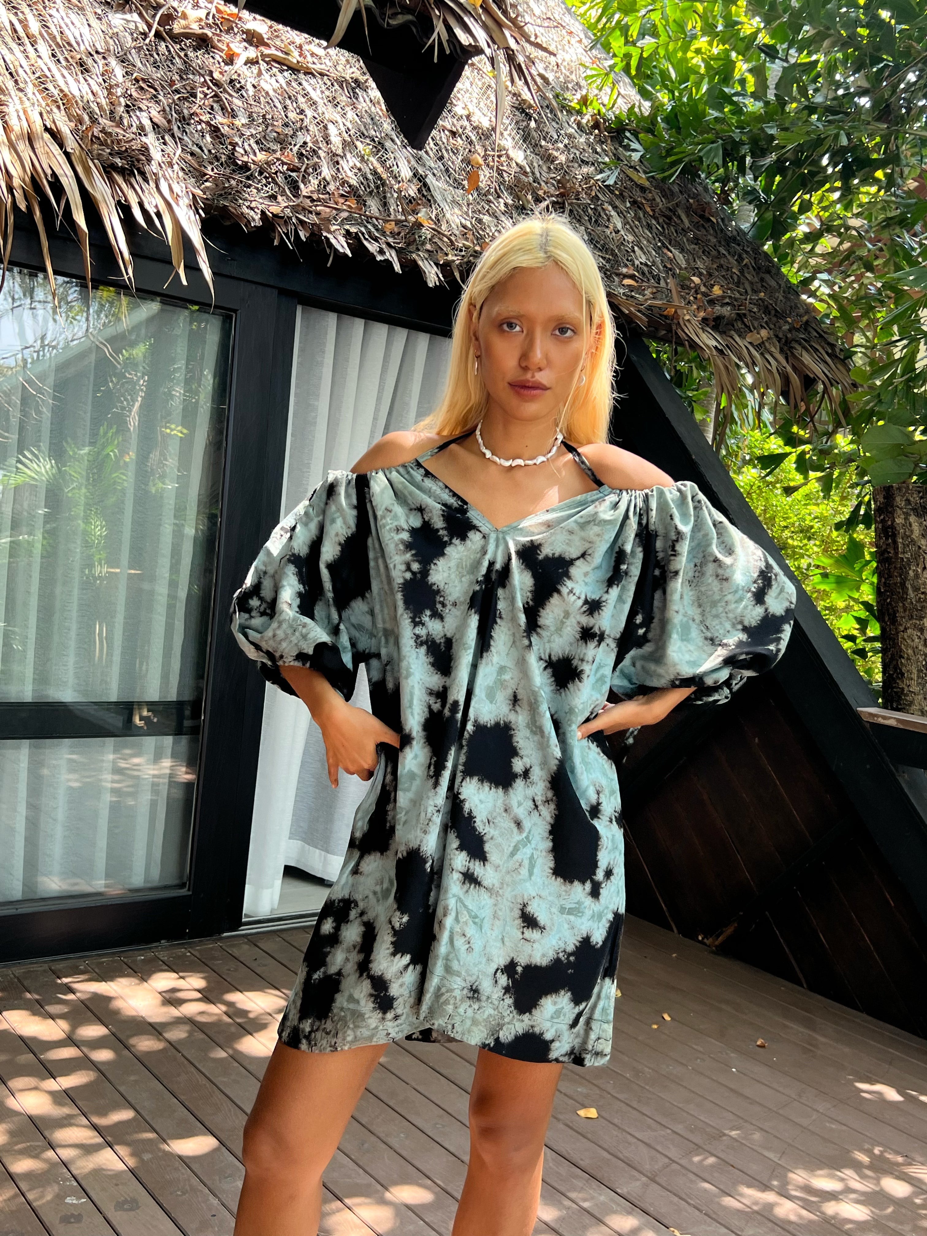 Luna Tie Dye Mini Dress - Black/Teal