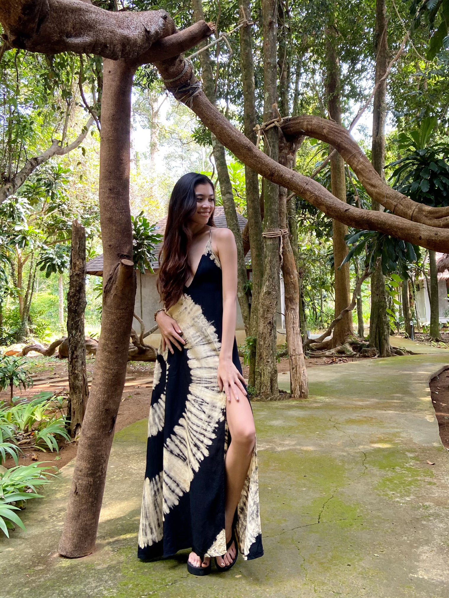 Lulu Tie Dye Slip Maxi Dress - Black/Beige