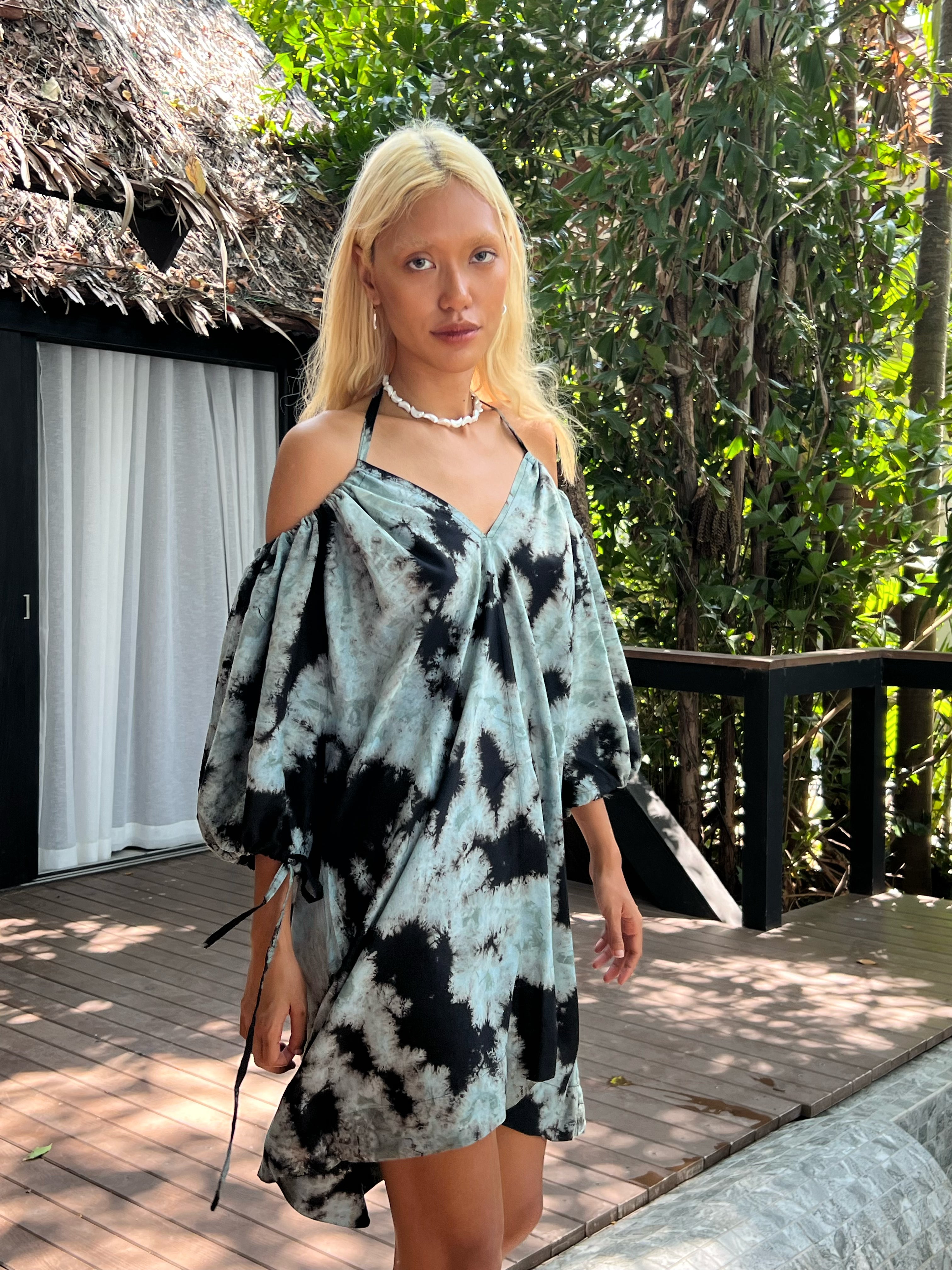Luna Tie Dye Mini Dress - Black/Teal