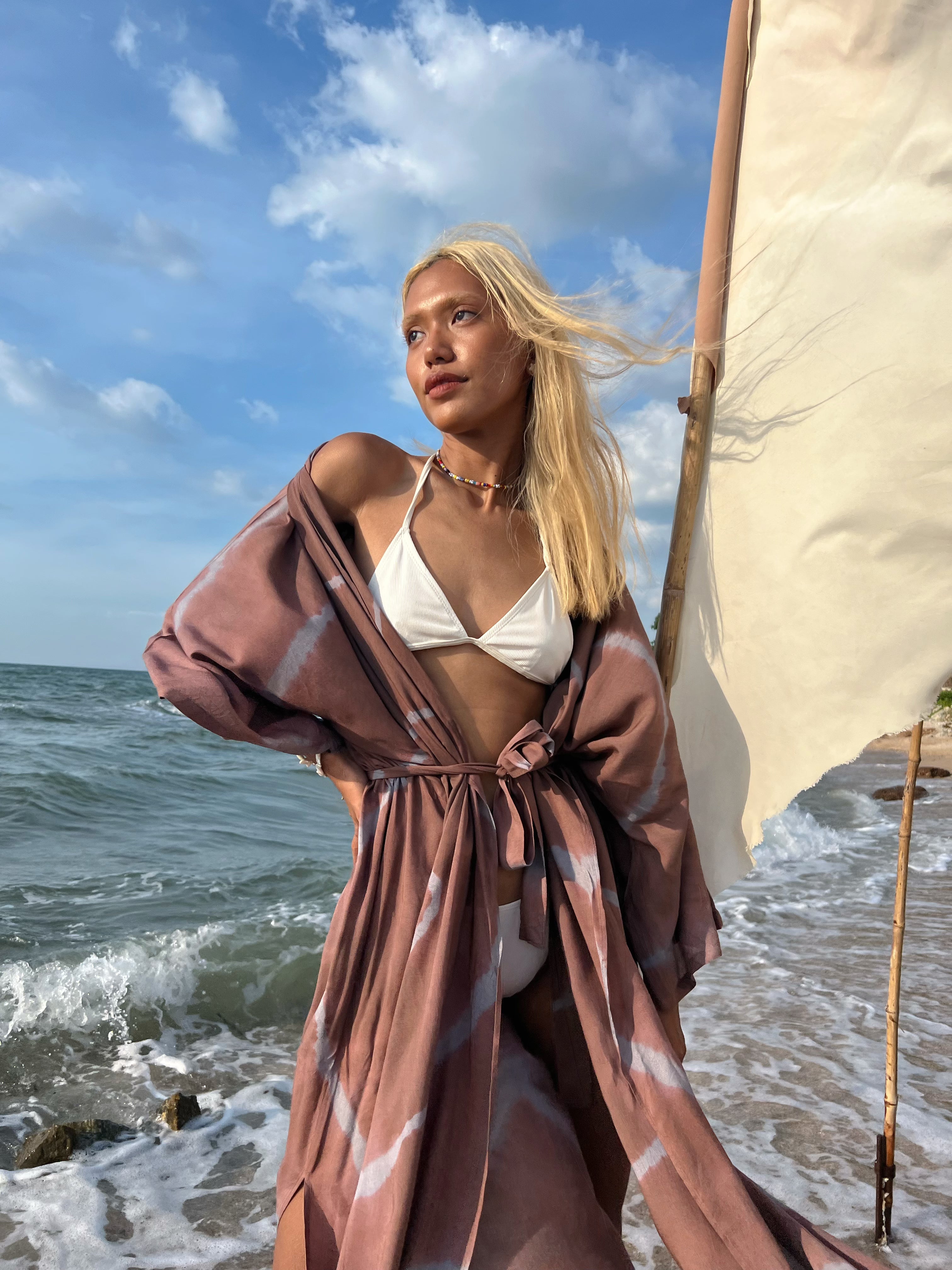 Spider Tie Dye Kimono Robe - Sand