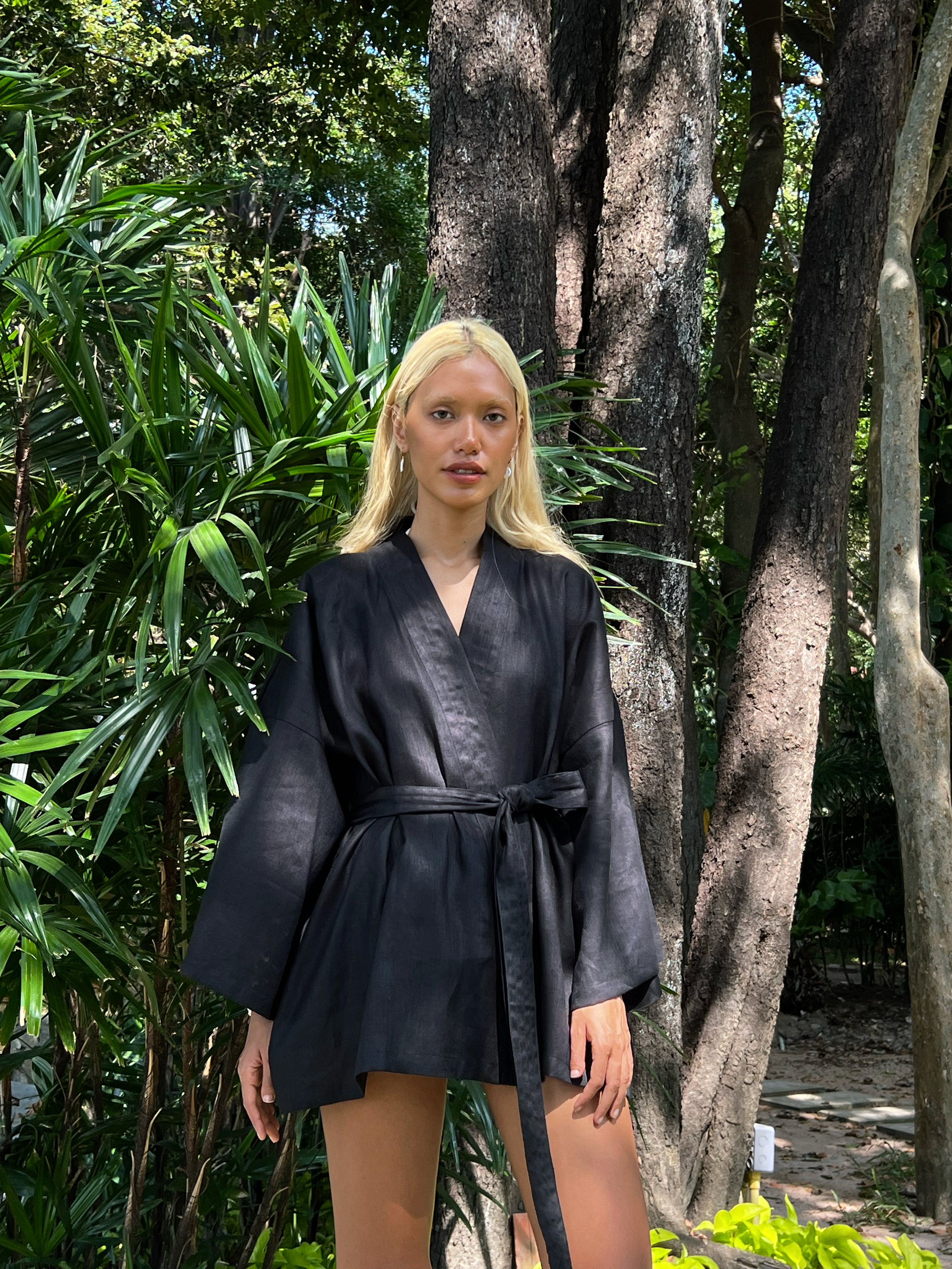 Kira Kimono Linen Wrap Jacket - Black