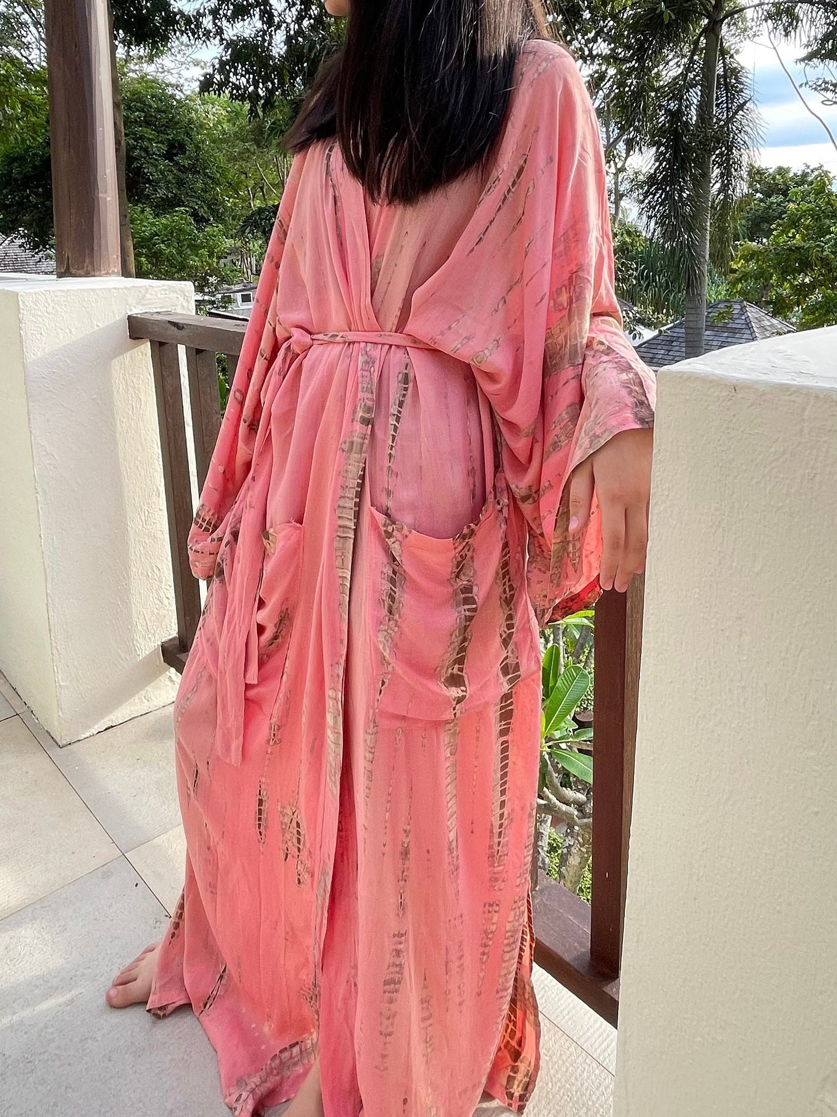 Shop the comfort pink long Tie Dye Kimono Robe by coco de chom?