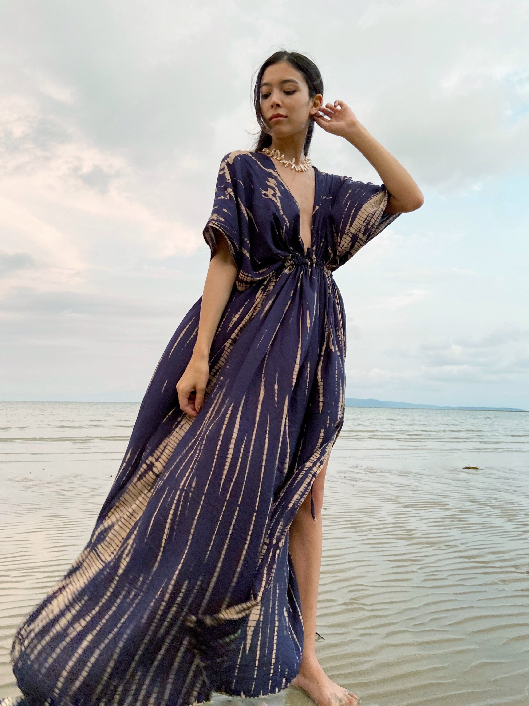 Goddess Tie Dye Kaftan Maxi Dress - Navy