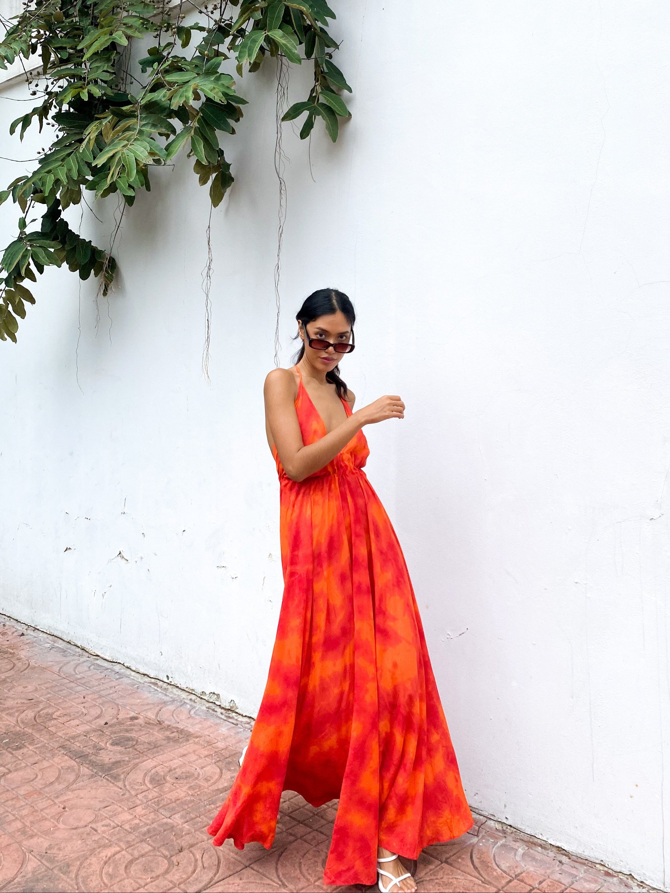 Luna Open Back Halter Maxi Dress - Orange Tie dye dress For Sale - Dress for vacation| Long Dress | Coco De Chom