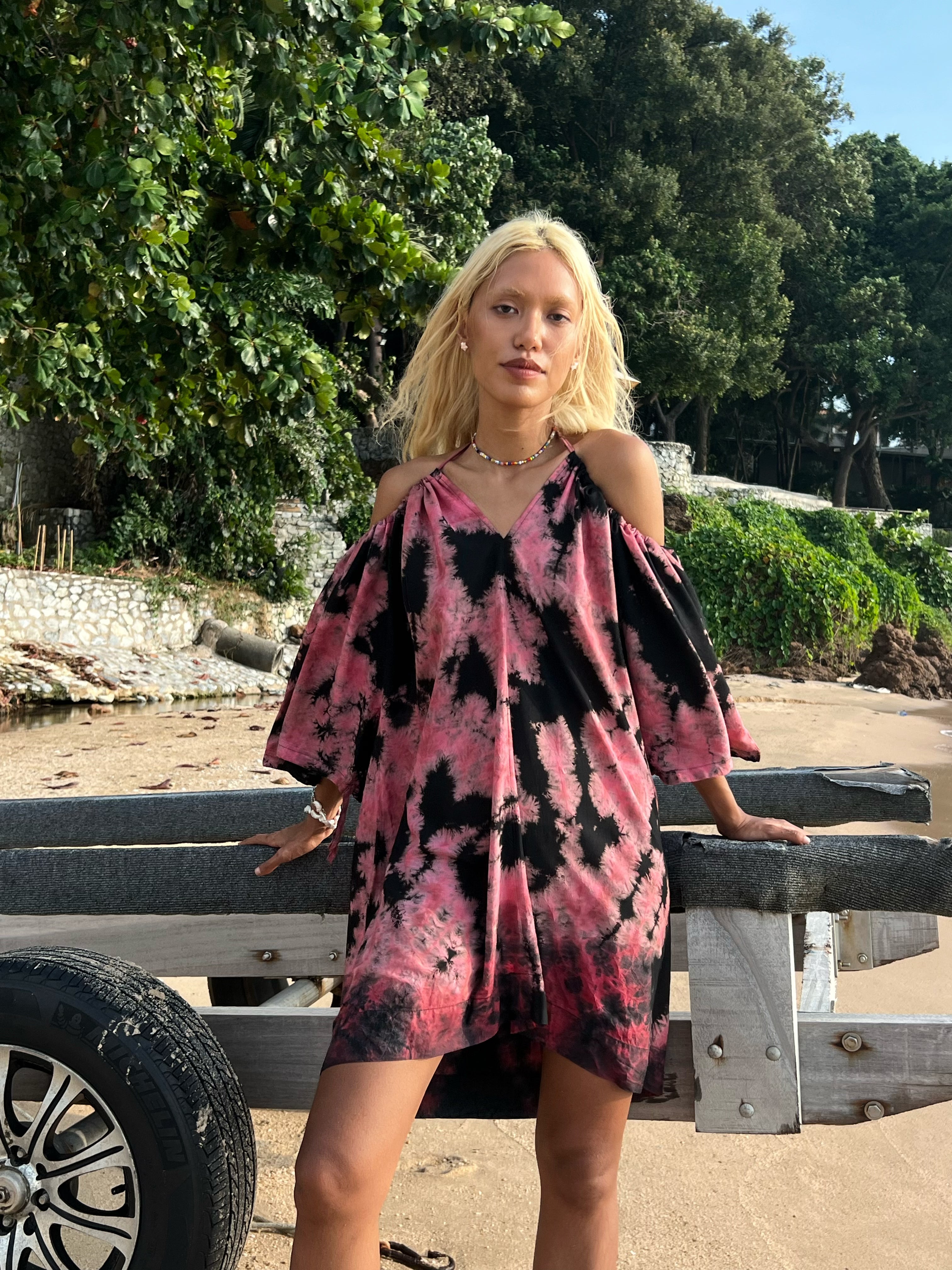 Luna Tie Dye Mini Dress - Black/Pink