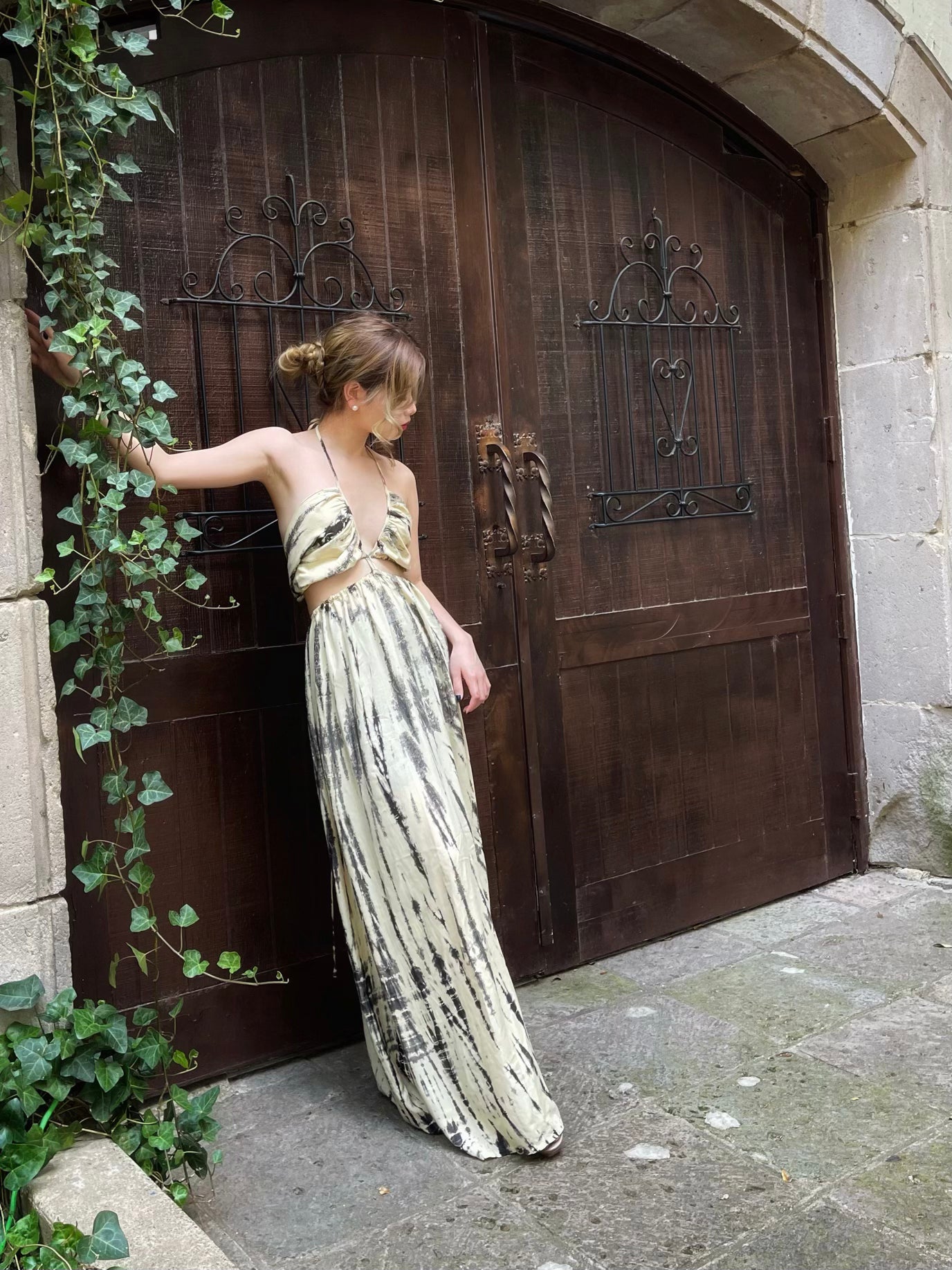 Selena Cut Out Dress in Tie dye - Cream