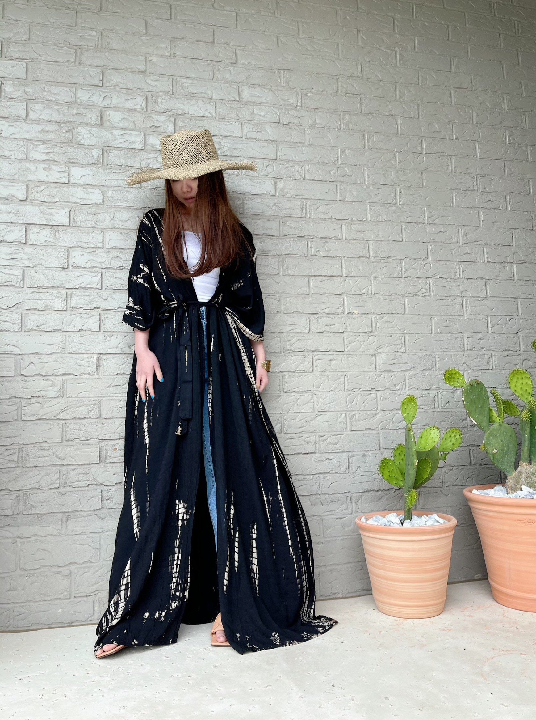 Maya Tie Dye Kaftan Kimono (Plus size) - Black