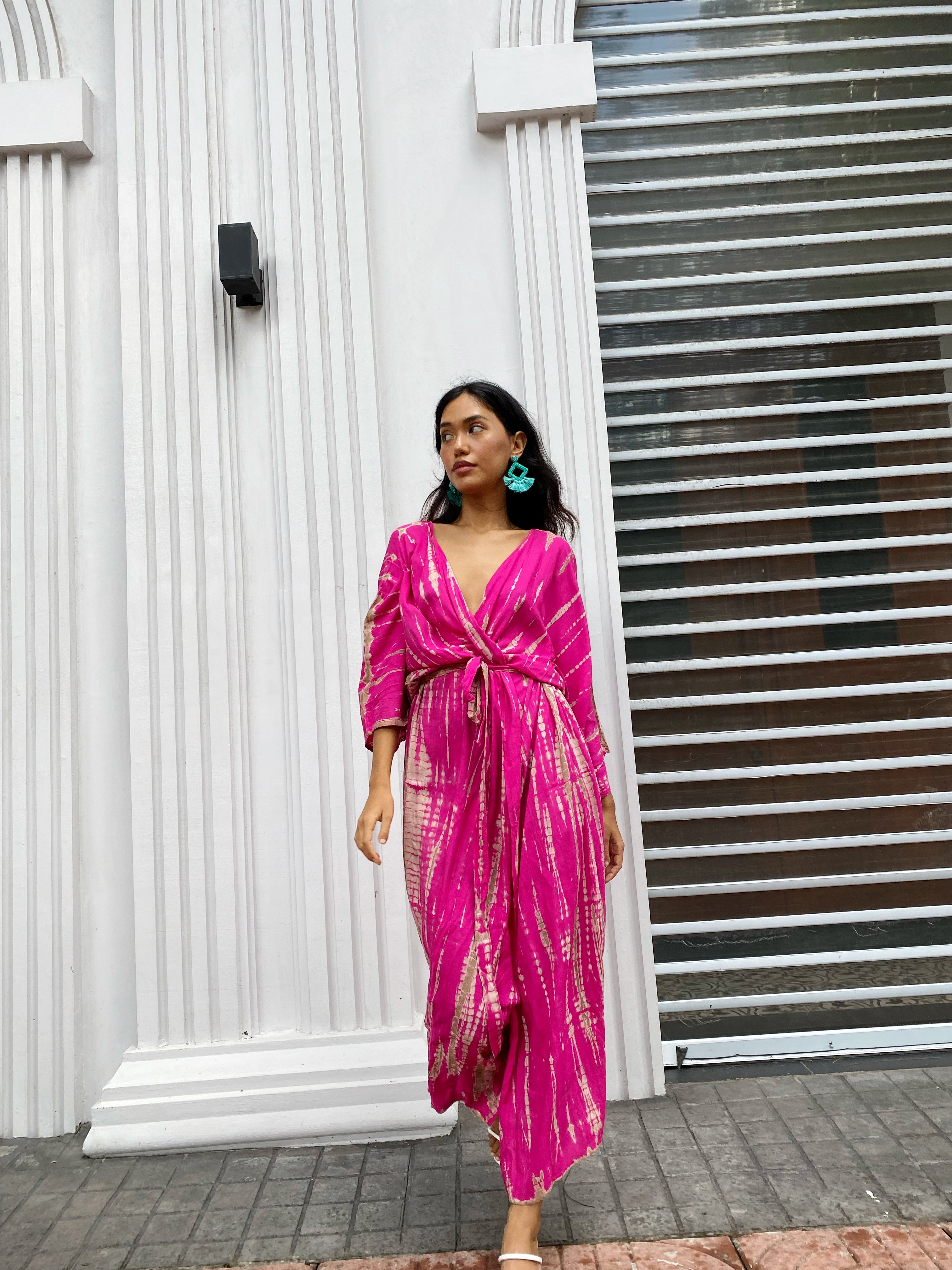 Manee Tie Dye Kimono Robe - Fuchsia