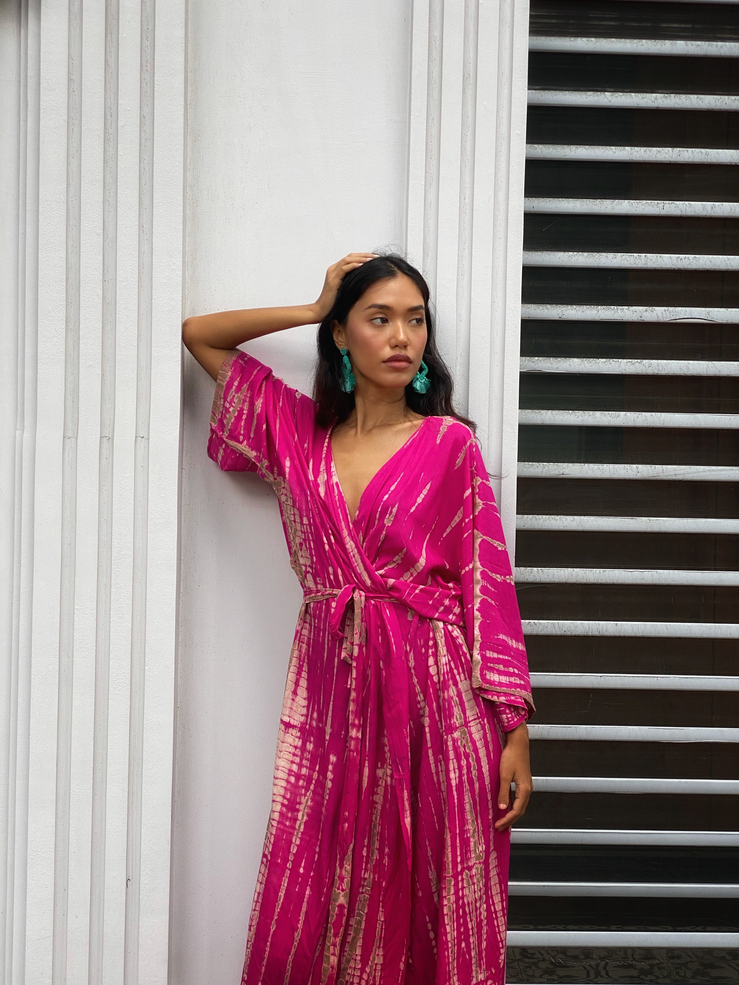 Manee Tie Dye Kimono Robe - Fuchsia