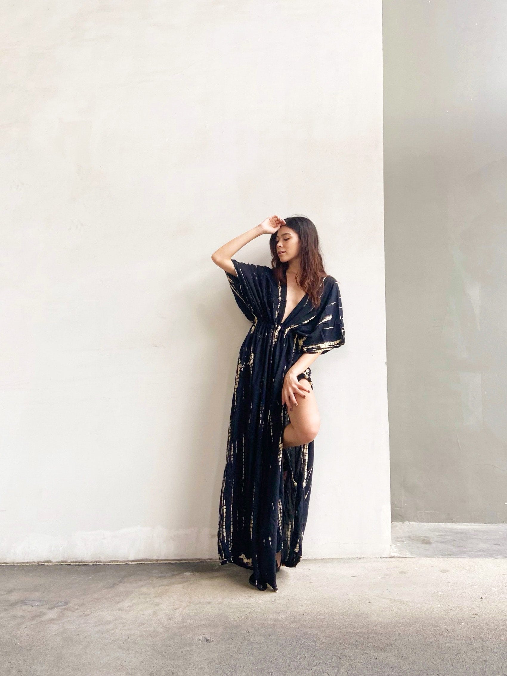 Goddess Tie Dye Kaftan Maxi Dress - Black