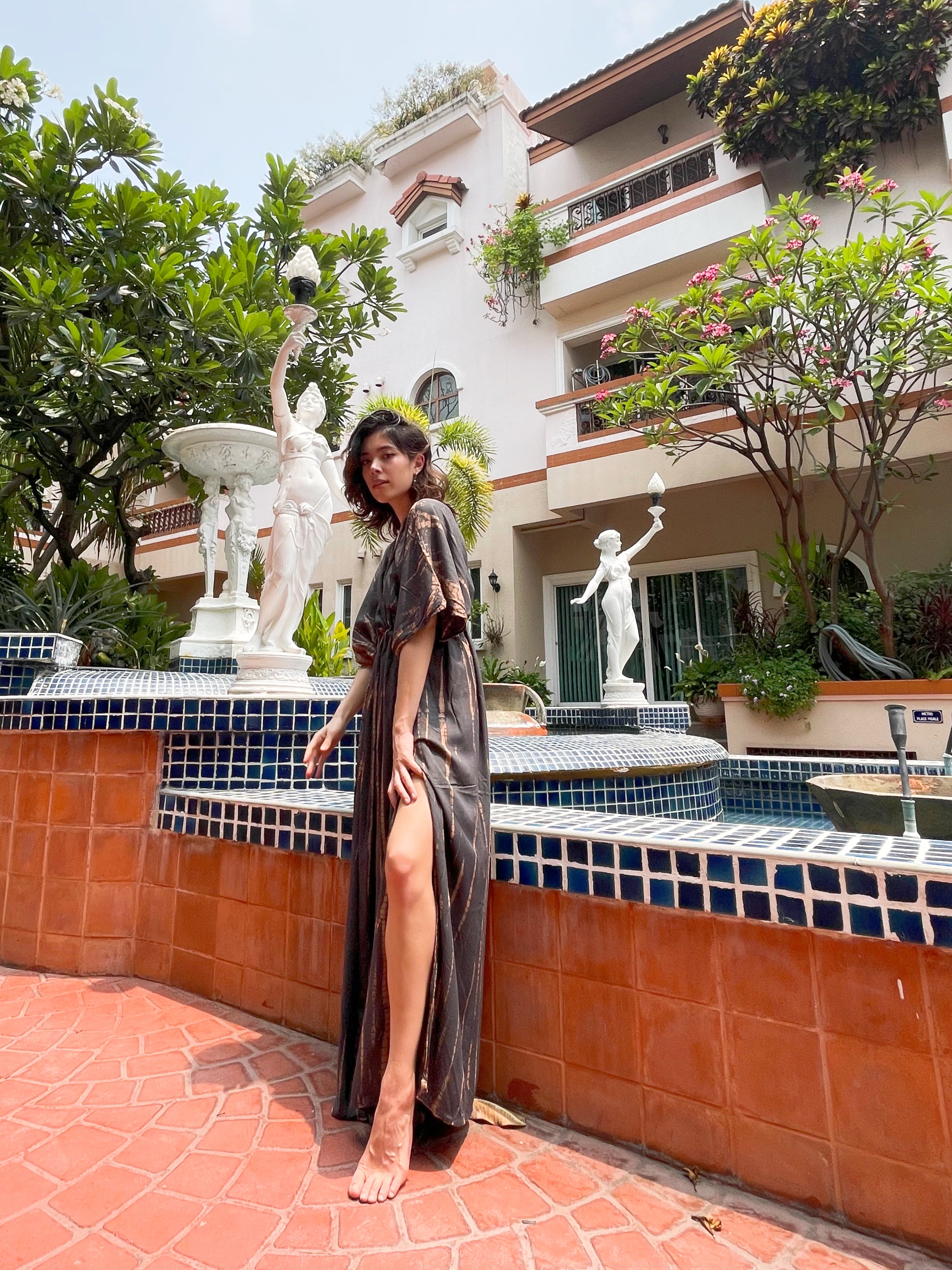 Goddess Tie Dye Kaftan Maxi Dress - Dark Gray