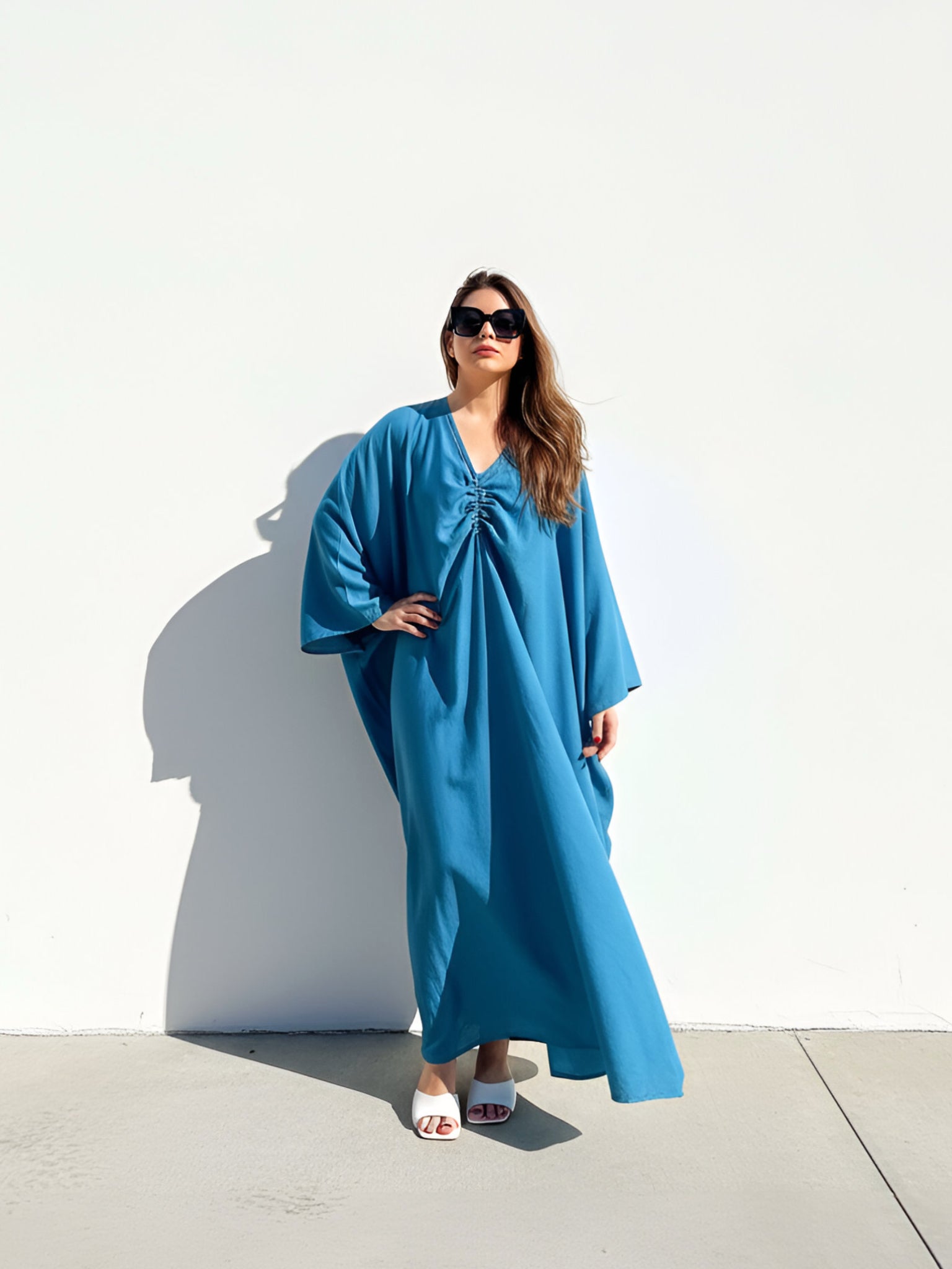 Teal blue oversized kaftan maxi dress (ocean teal), plus size beach cover up with long sleeves and flowy drape for resort vacation wear