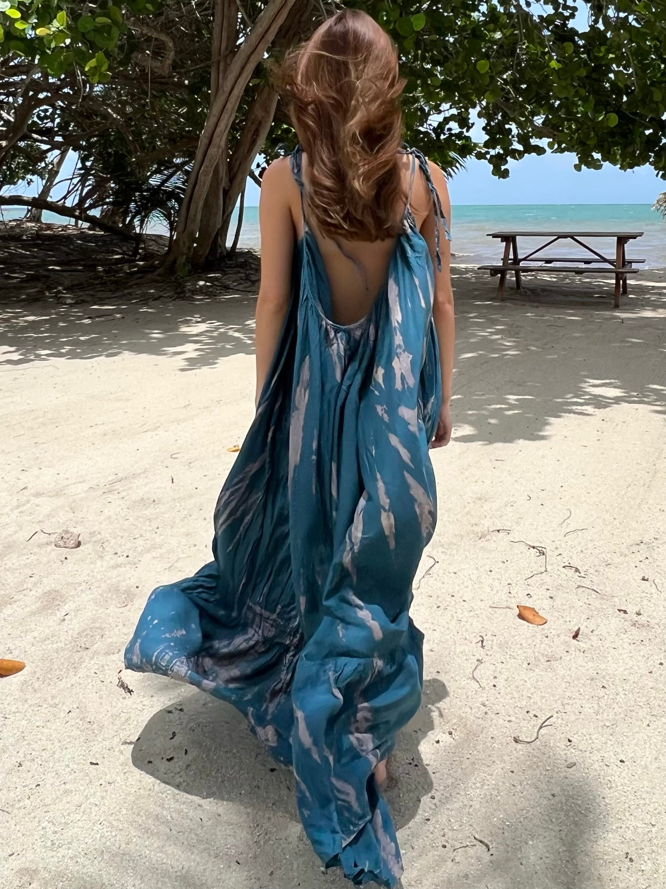 Shop  Boho Teal Tie dye Backless Maxi Dress - Opened maxi Dress in Teal at Coco De Chom for next vacation now