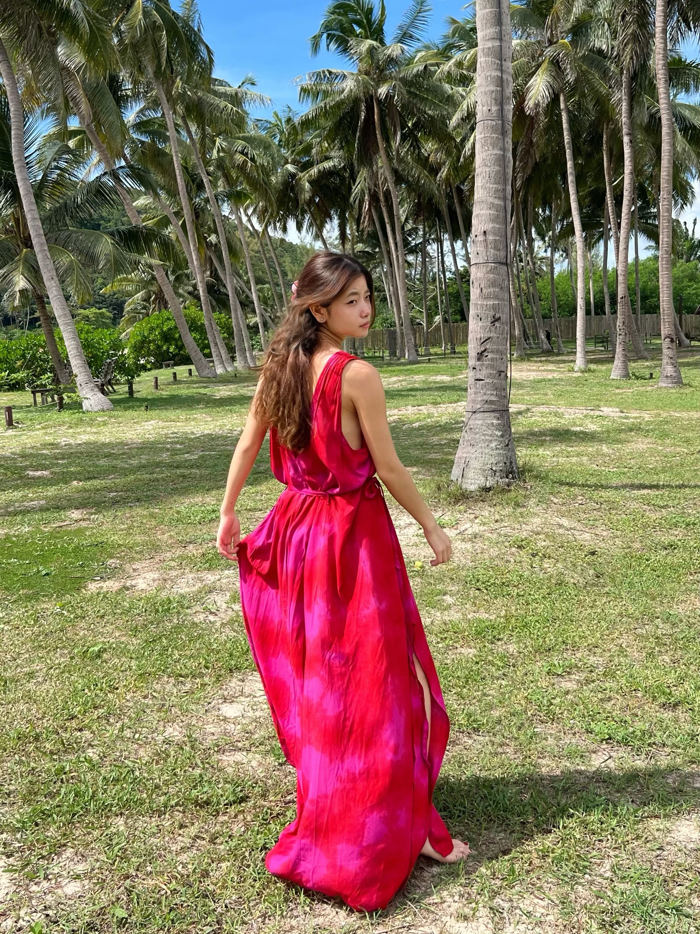 Tie dye V Neck Maxi Dress Fuchsia - Casual Loose fit Resort Dress - Bohemian Beach Maxi Dress Tie Dye | Coco De Chom