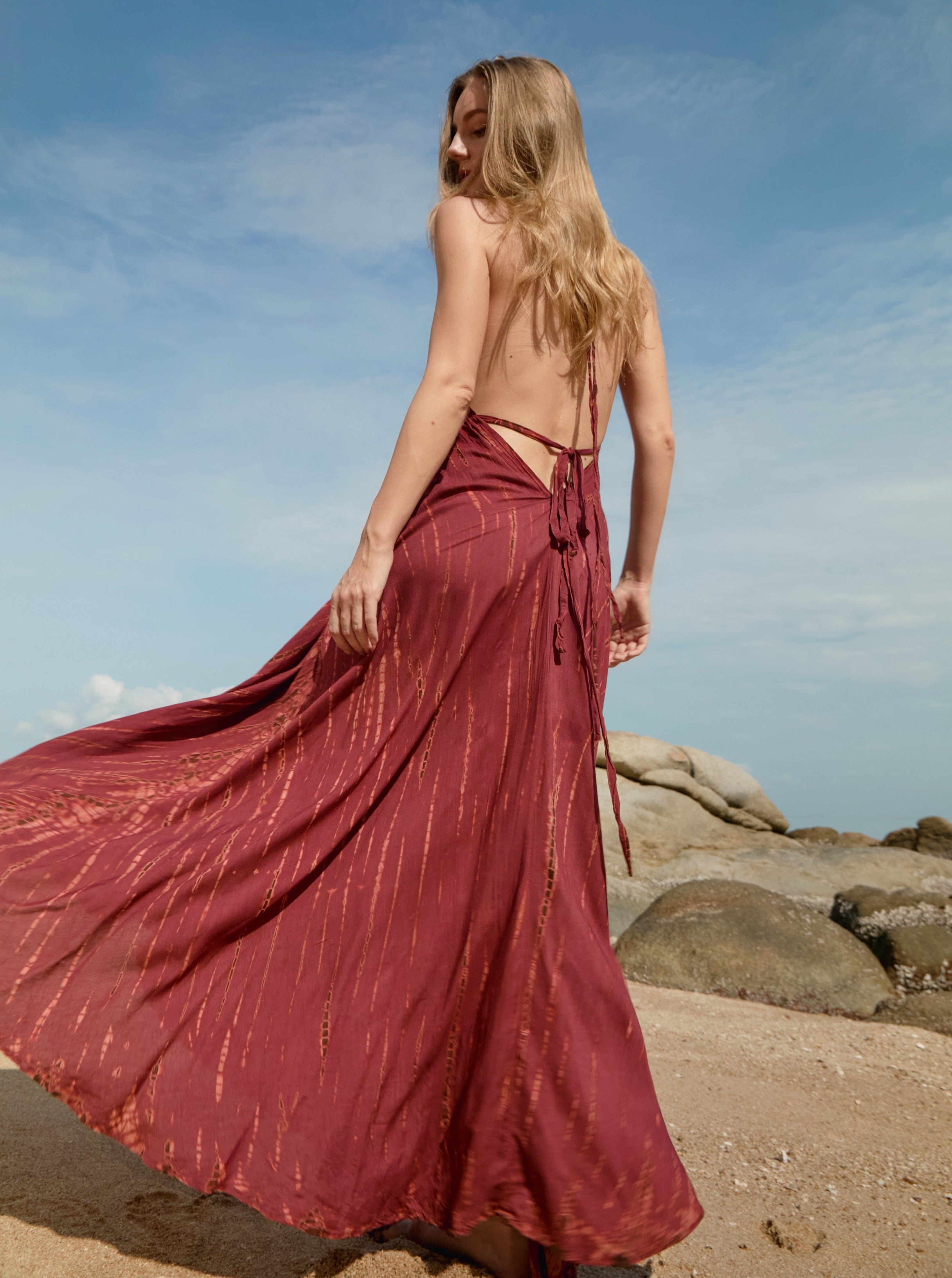 LUNA TIE DYE OPEN BACK HALTER DRESS Summer Maxi Dress Tie dye Maxi Dress Burgundy Coco De Chom