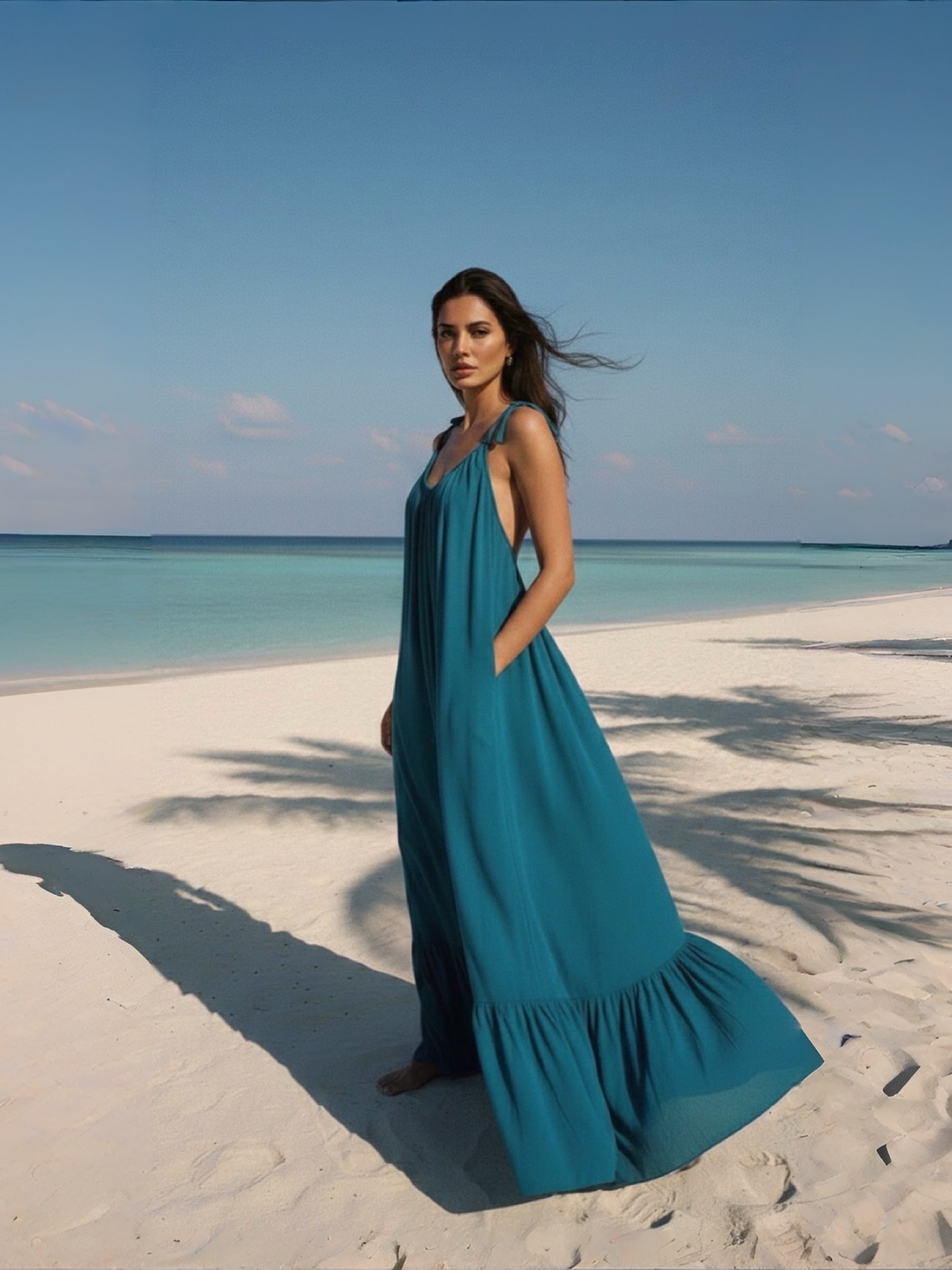 Woman in a teal open back maxi dress standing on a sandy beach with clear blue water and sky.