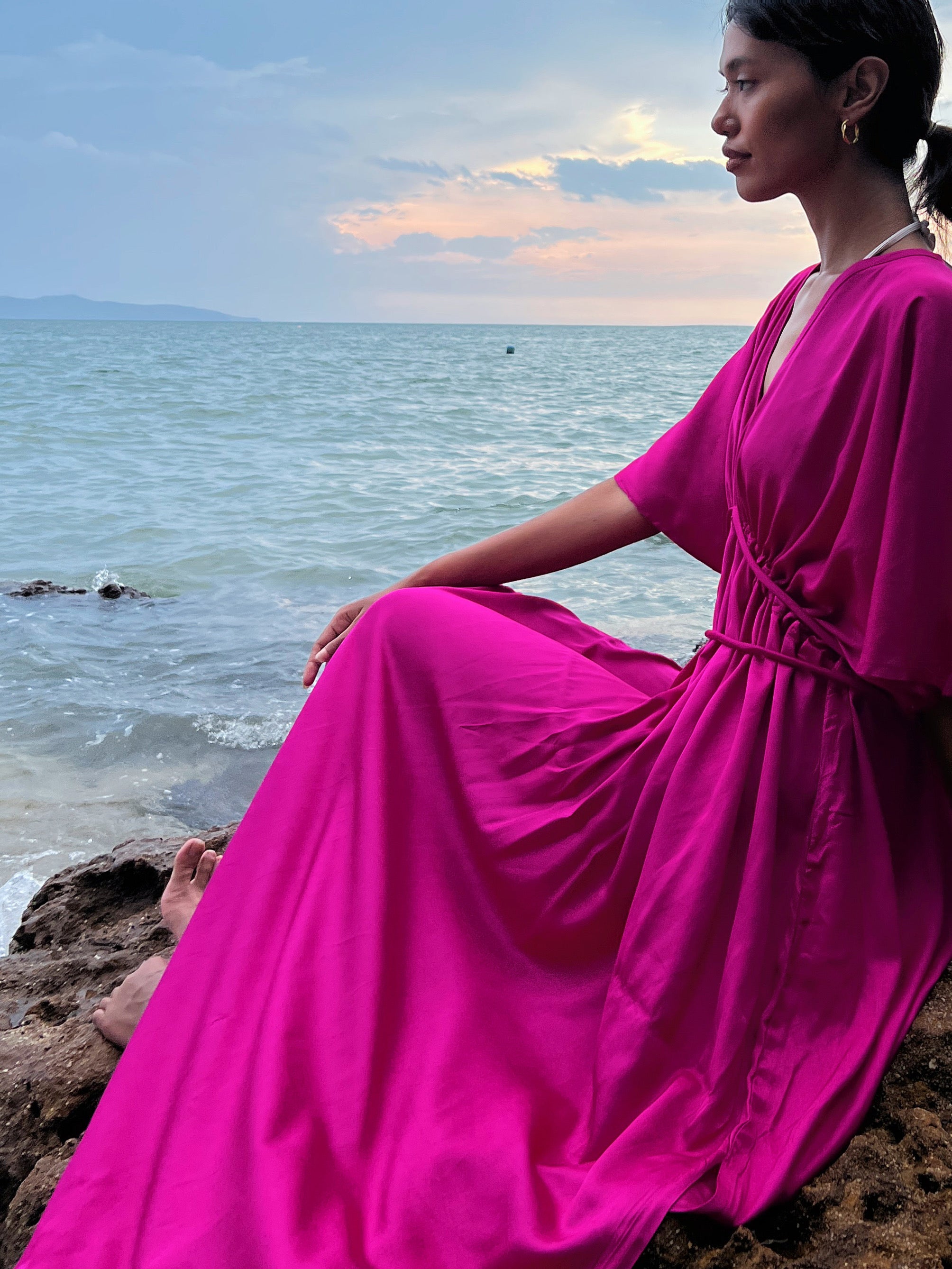 Shop Pink Kaftan Dress in limitless comfort and elegance with our Goddess Kaftan Maxi Dress Dyed fuchsia kaftan maxi dress. This fuchsia maxi dress is the perfect vacation wear with Coco de Chom?