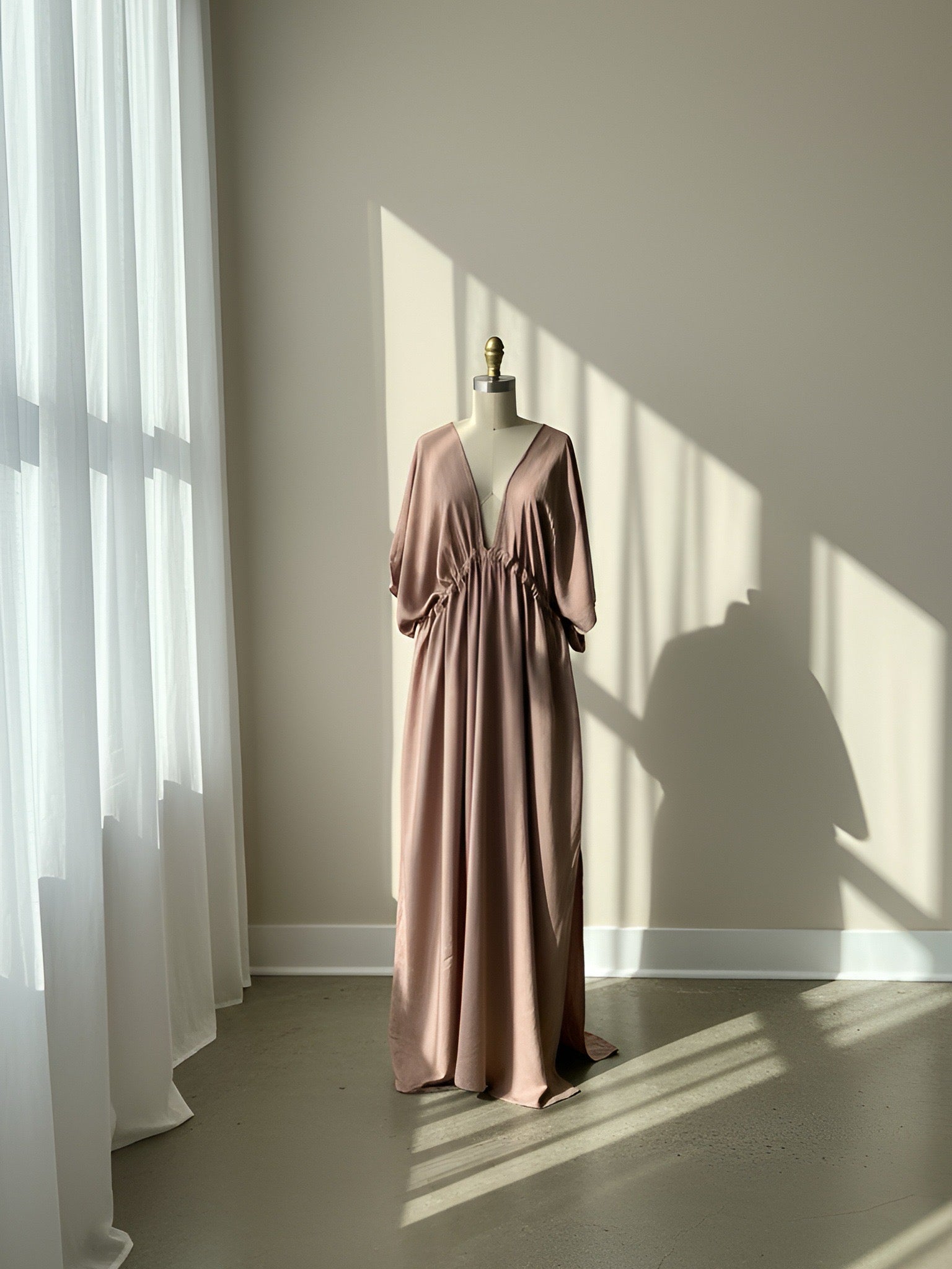 Long kaftan dress worn by the resort style, oversized beach cover up and plus size friendly resort maxi dress with deep V neckline, side slit, and flowy silhouette