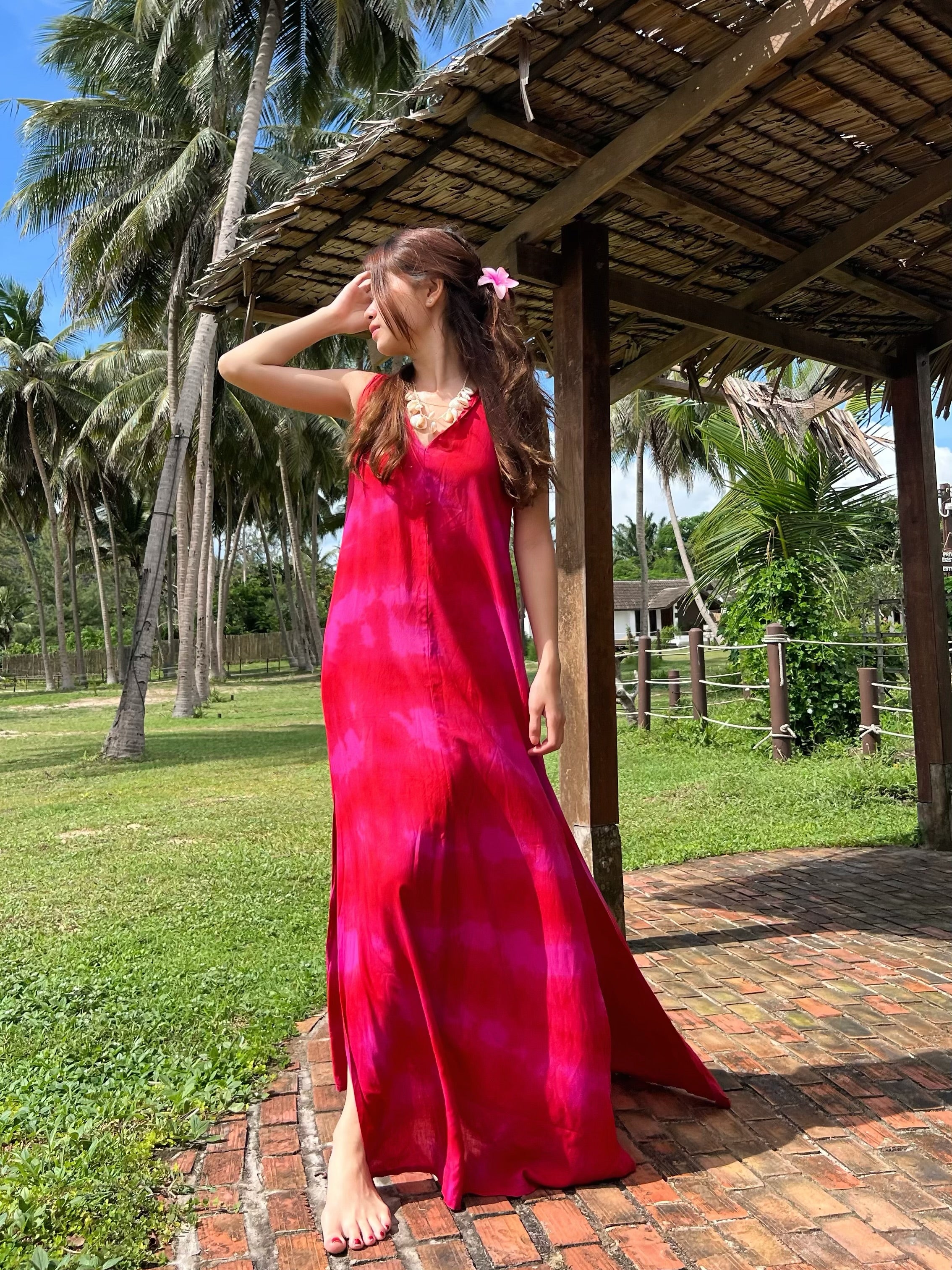 Tie dye V Neck Maxi Dress Fuchsia - Casual Loose fit Resort Dress - Bohemian Beach Maxi Dress Tie Dye | Coco De Chom