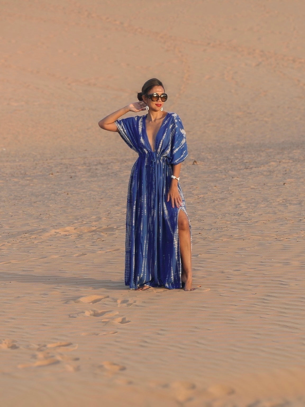Switch to vacay mode with our Goddess Tie Dye Kaftan Maxi Dress, Long kaftan in blue, perfect for resort wear for your next vacation with Coco de Chom