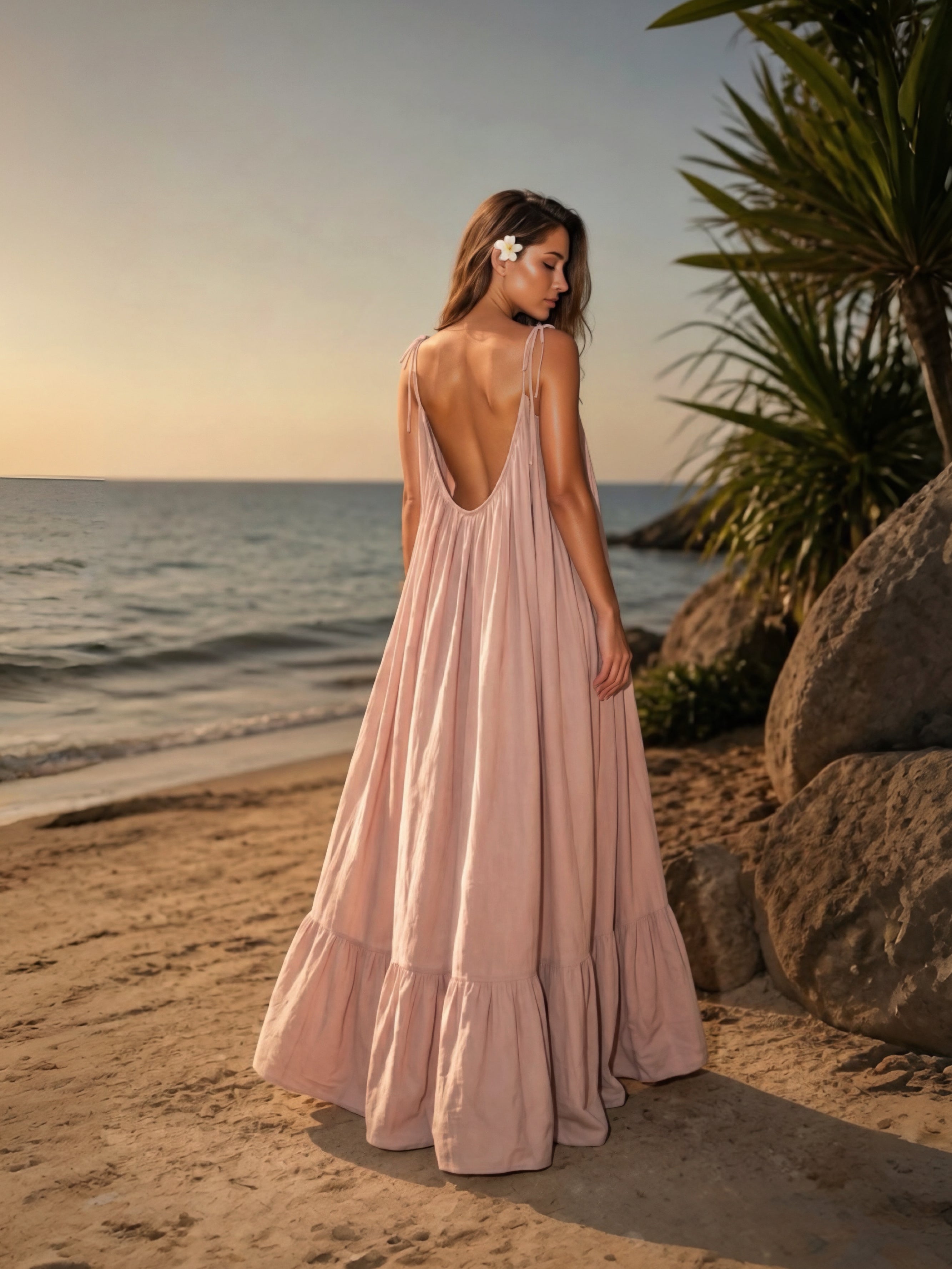 Mali open back maxi dress in soft nude, handmade backless resort dress with tie shoulders, flowy ruffle hem, and beach vacation style