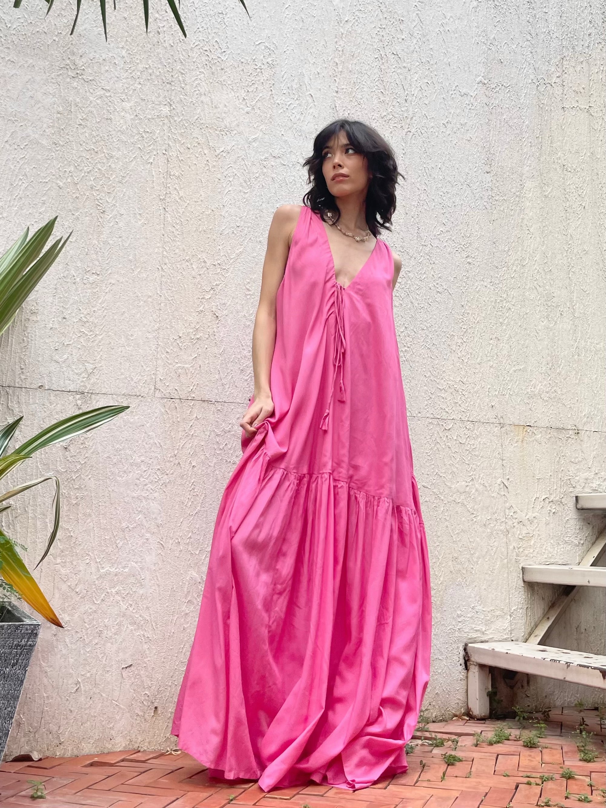 Silk Maxi Dress top in Hot Pink