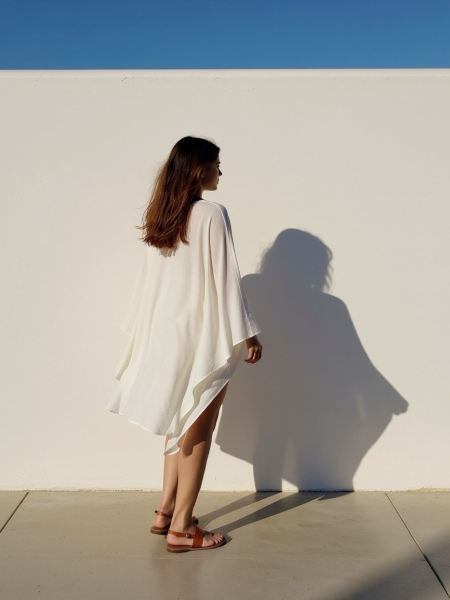 Woman wearing a white mini kaftan top beach cover up tunic, one size fits most, long sleeves with high-low hem, lightweight resort vacation wear, standing against a white wall under a blue sky.