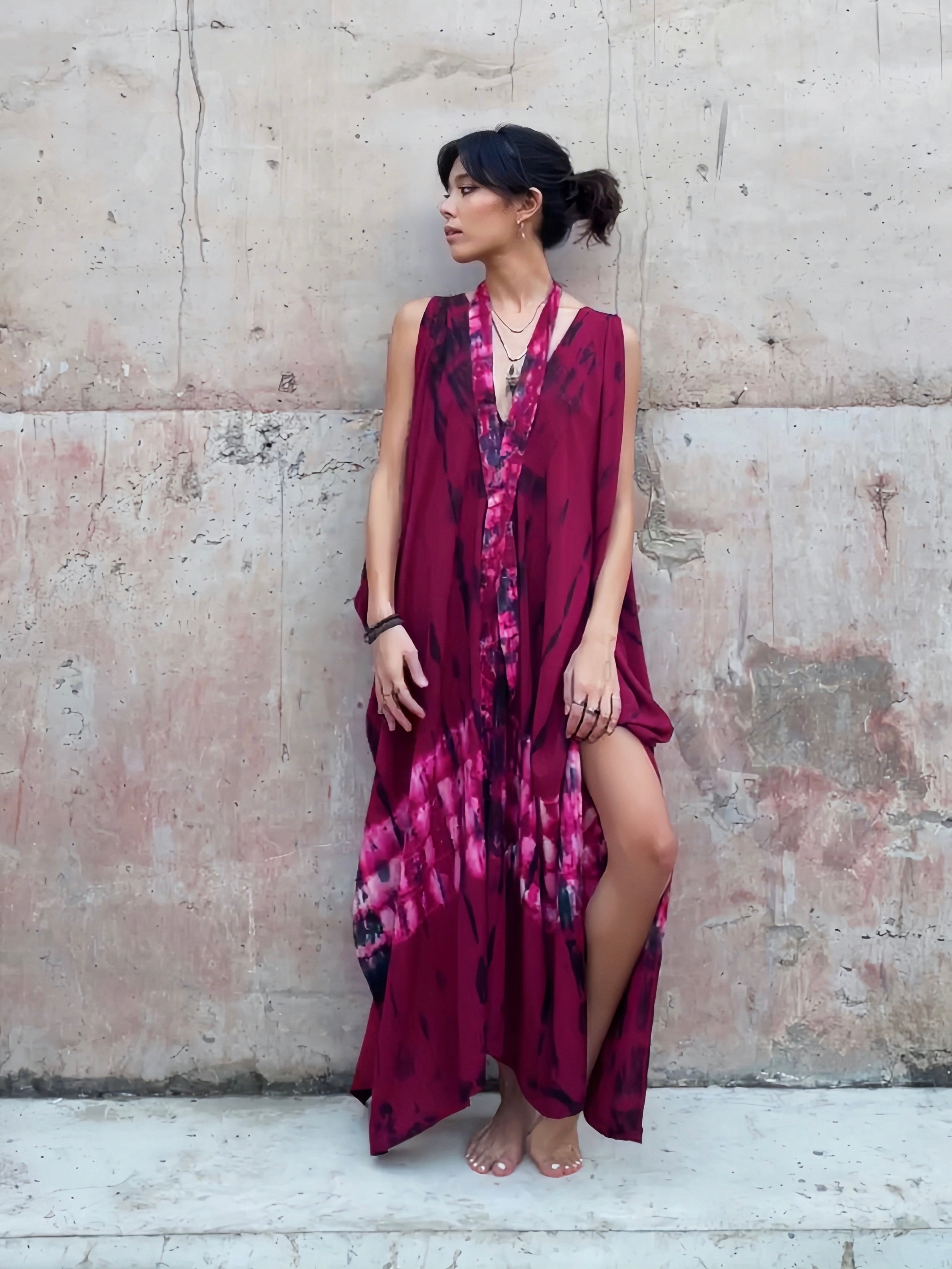 Shop our Fara Tie-Dye Kaftan, a one-of-a-kind convertible dress suitable for every occasion. This sustainable dress exudes a captivating bohemian charm that's both eco-friendly and stylish. Wear it as a maxi dress for beach dress, style it as a bohemian dress for a festival, or throw it on as a beach cover-up. Show off your free-spirited style wherever you go!