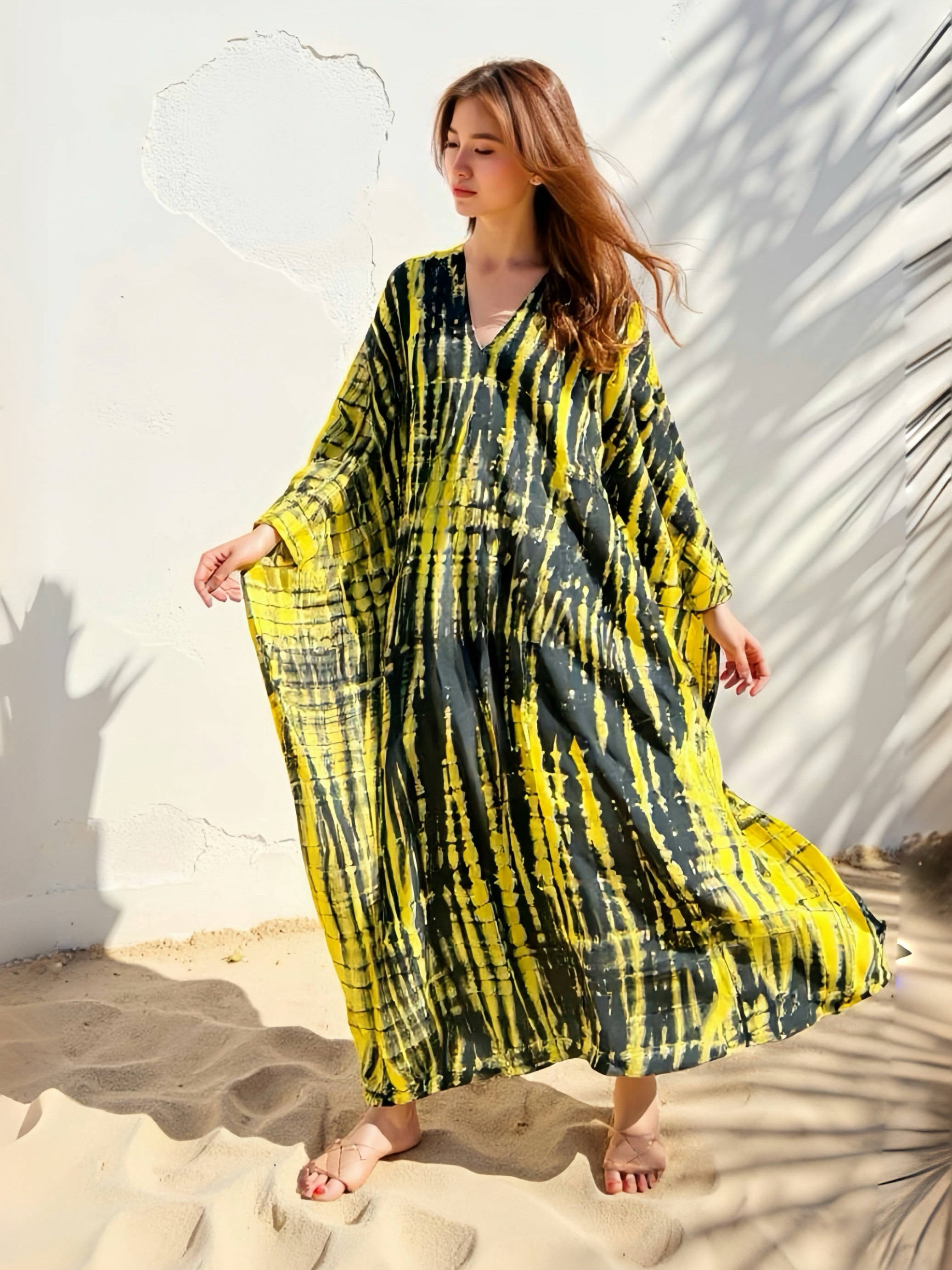Shop Boho Tie Dye Kaftan, Oversized Caftan in yellow, Maxi Kaftan in tie dye, all handmade with love with Coco de chom