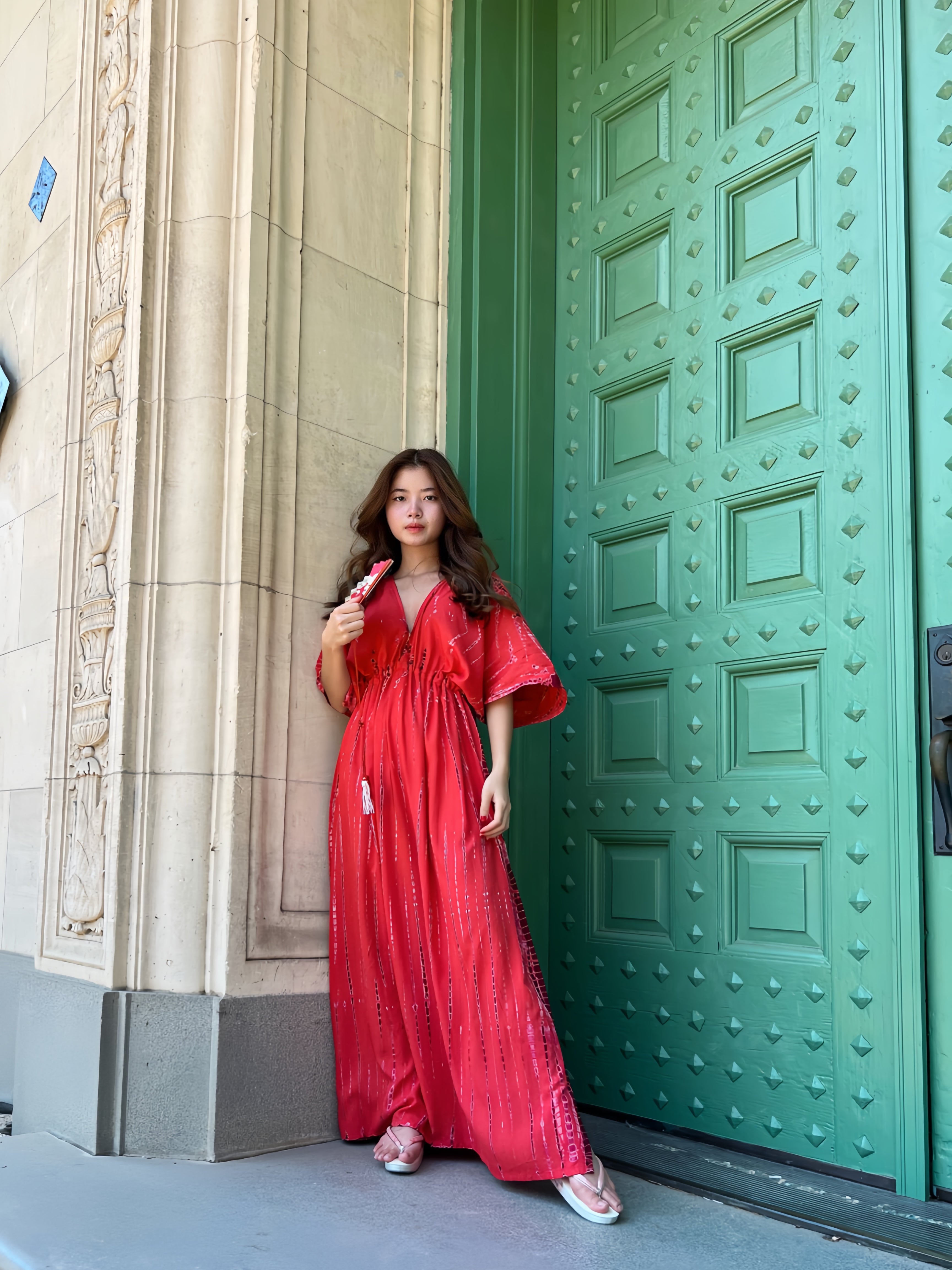 Goddess Tie Dye Kaftan Maxi Dress in Red Coral