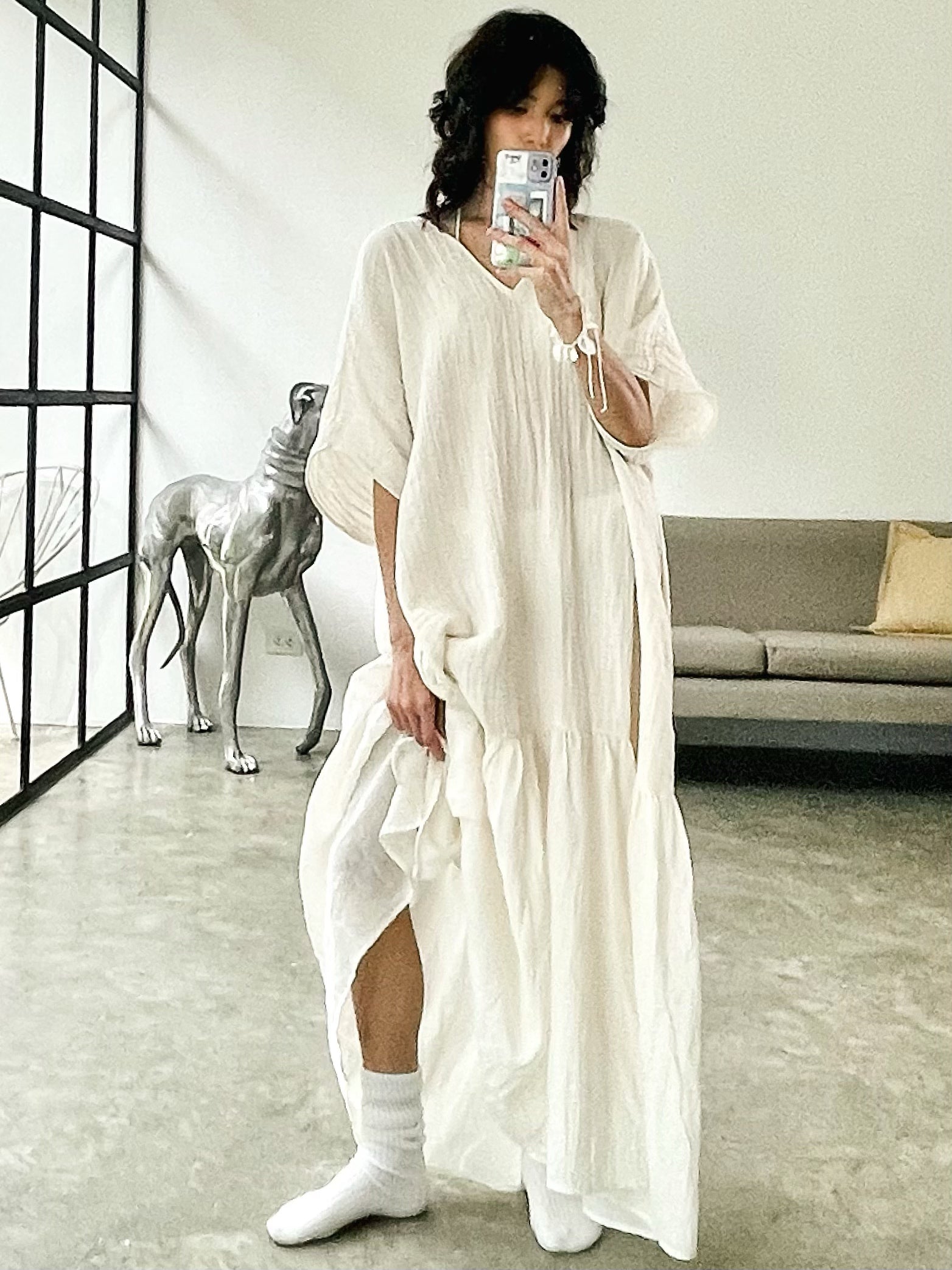 Shop Coco de Chom Off-white oversized Breezy Cotton Kaftan Dress, made from natural raw cotton. The lightweight and relaxed design is perfect maxi dress for vacations, offering both comfort and style.