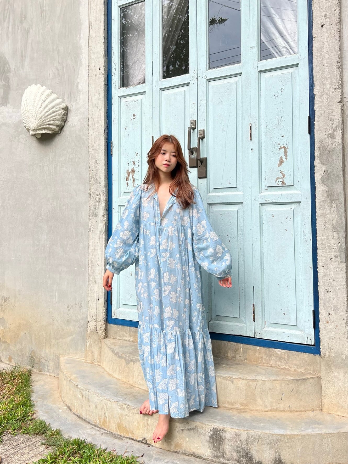 Shop Coco de Chom - new Introducing our Lola Bohemian Maxi Dress in Blue Limited Edition - an exceptionally unique piece available in limited quantities. The Lola's captivating design is handcrafted using wooden blocks meticulously placed on the finest cotton voile, resulting in a dreamy block printed pattern that draws inspiration from the bougainvillea flower and the vacation vibe. Wear it as a maxi dress for beach Boho vibes, style it as a bohemian outfit for festivals, or use it as a chic beach dress.