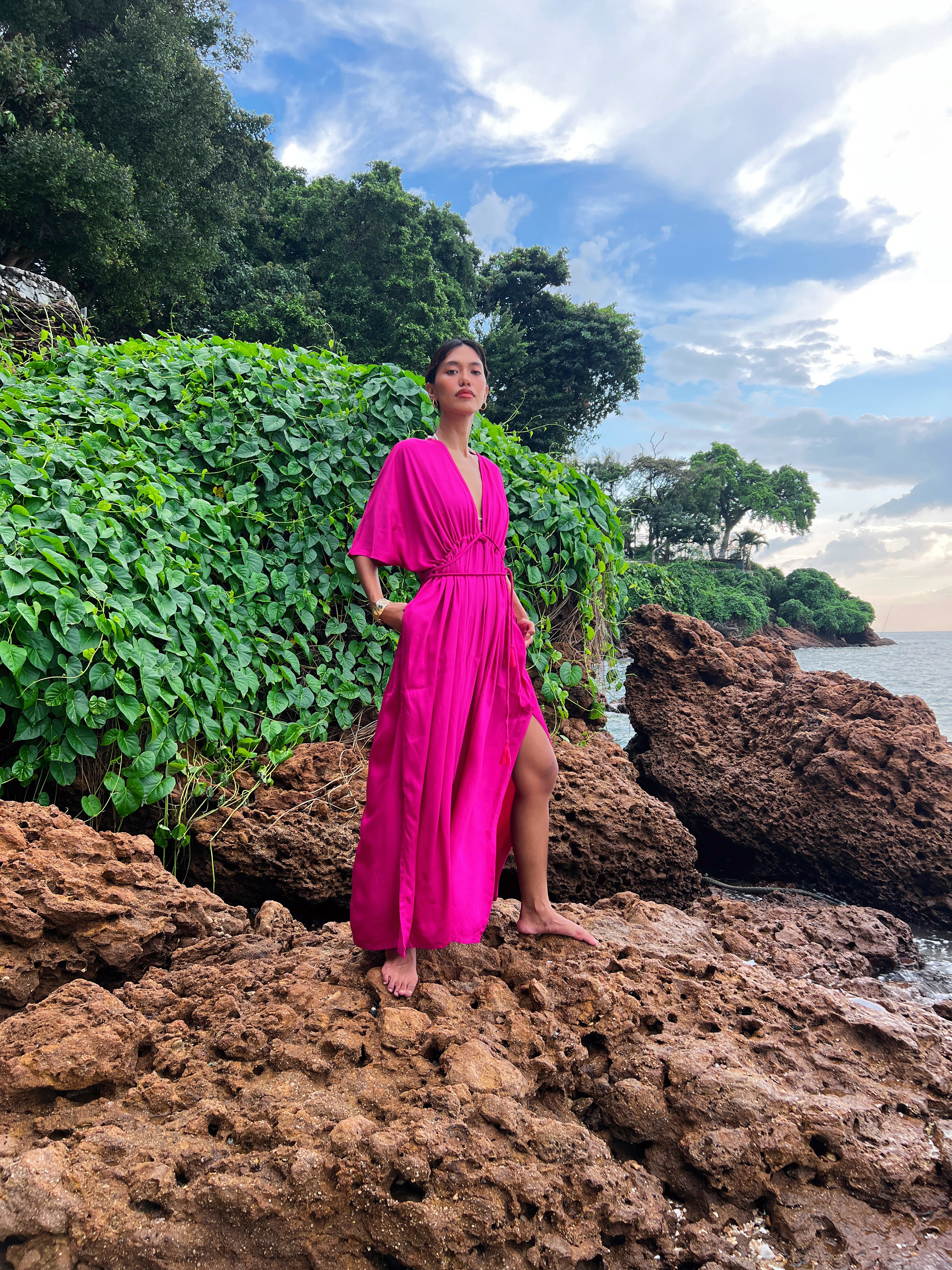 Shop Pink Kaftan Dress in limitless comfort and elegance with our Goddess Kaftan Maxi Dress Dyed fuchsia kaftan maxi dress. This fuchsia maxi dress is the perfect vacation wear with Coco de Chom?