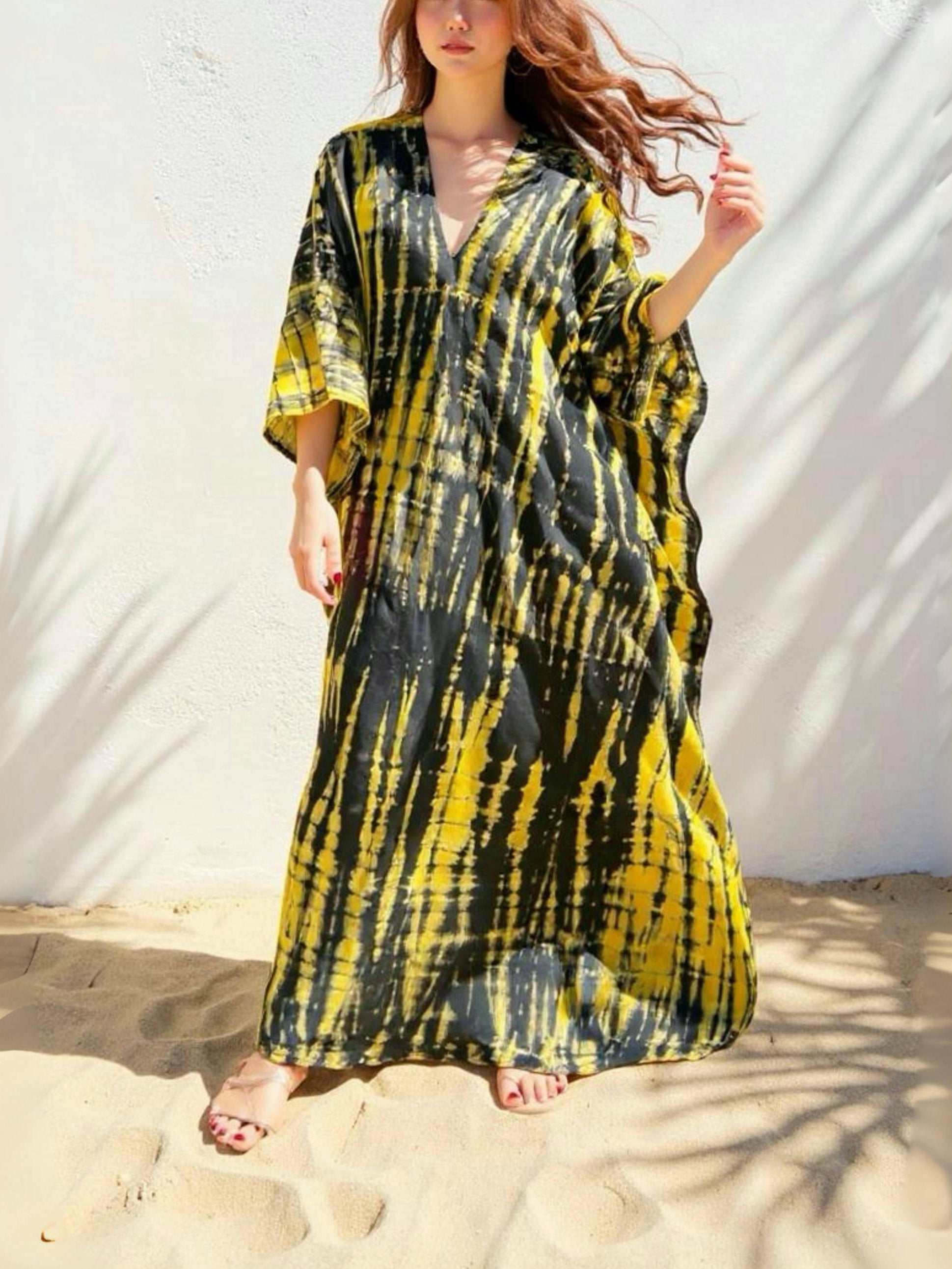Shop Boho Tie Dye Kaftan, Oversized Caftan in yellow, Maxi Kaftan in tie dye, all handmade with love with Coco de chom