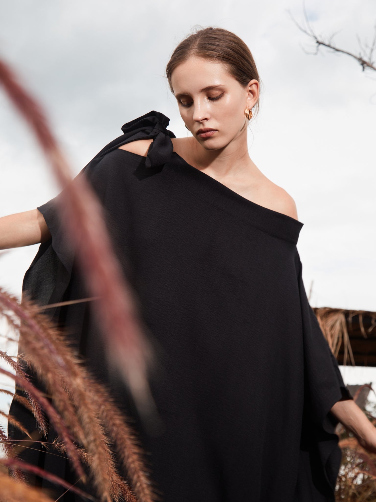 Shop minimalist black kaftan, off shoulder maxi dress, eco friendly fabric, elegant style for everyday vacay