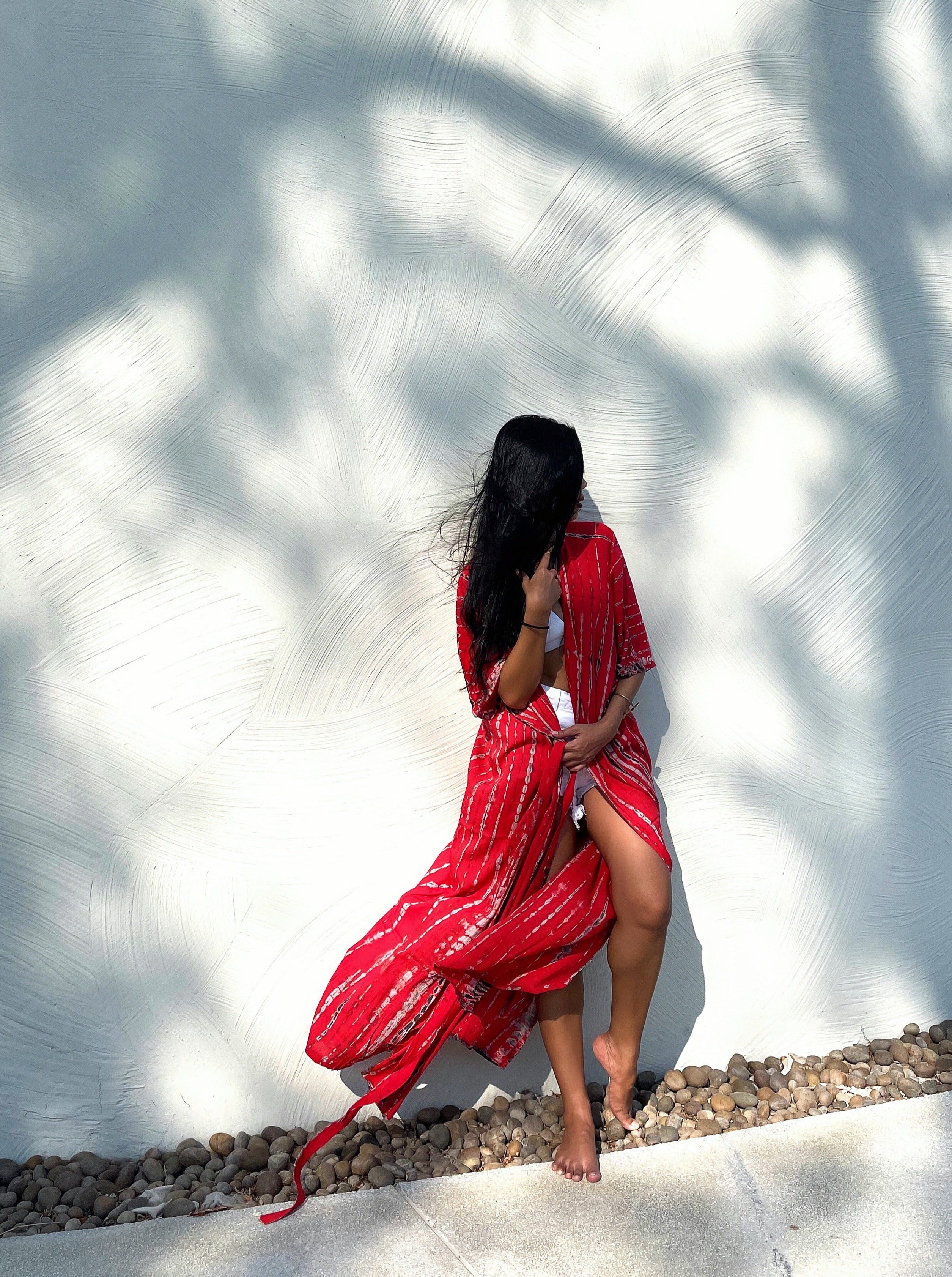 Shop red tie dye beach coverup - hand dyed kimono robe in red by Coco de Chom