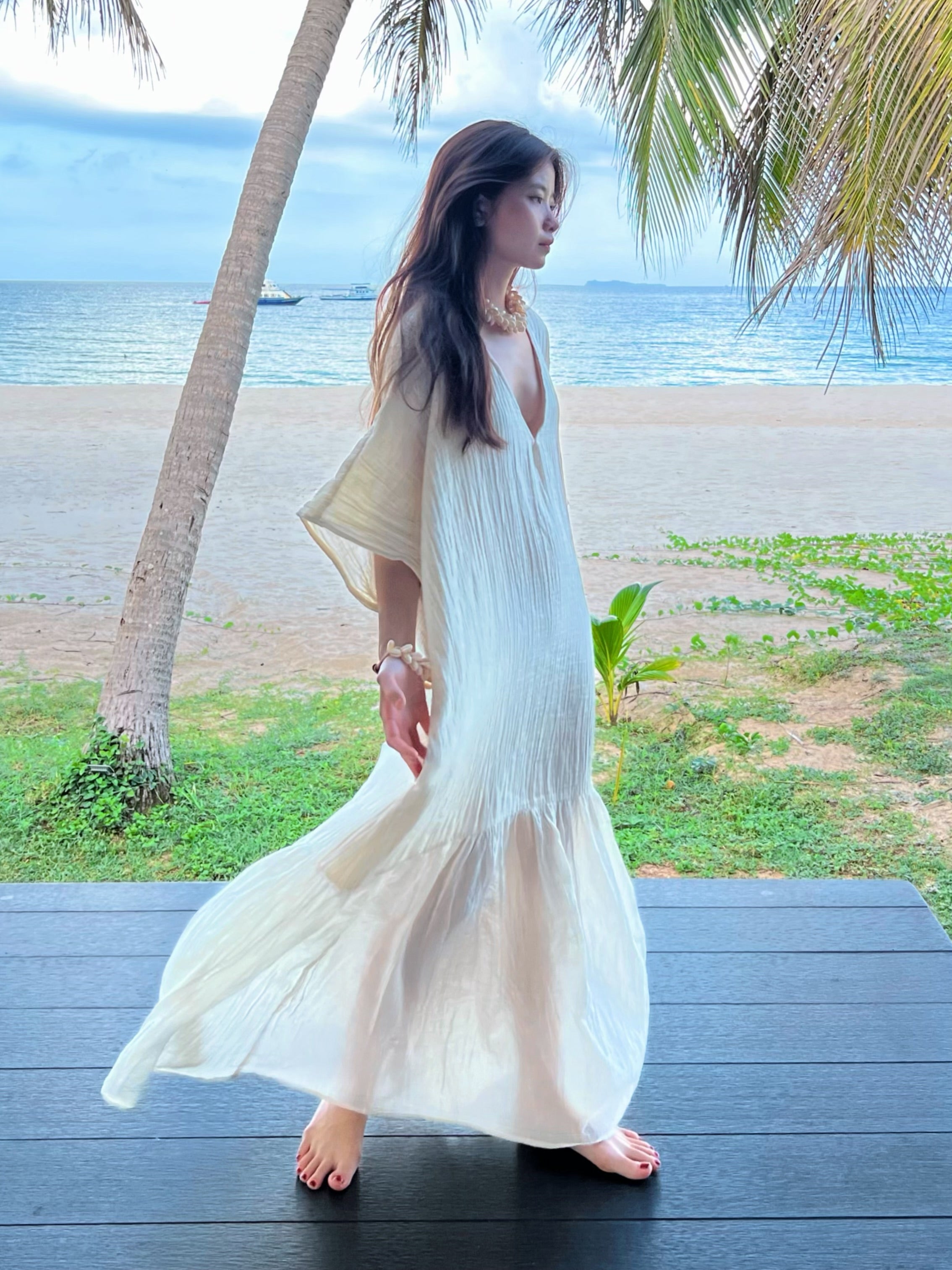 Shop Coco de Chom Off-white oversized Breezy Cotton Kaftan Dress, made from natural raw cotton. The lightweight and relaxed design is perfect maxi dress for vacations, offering both comfort and style.