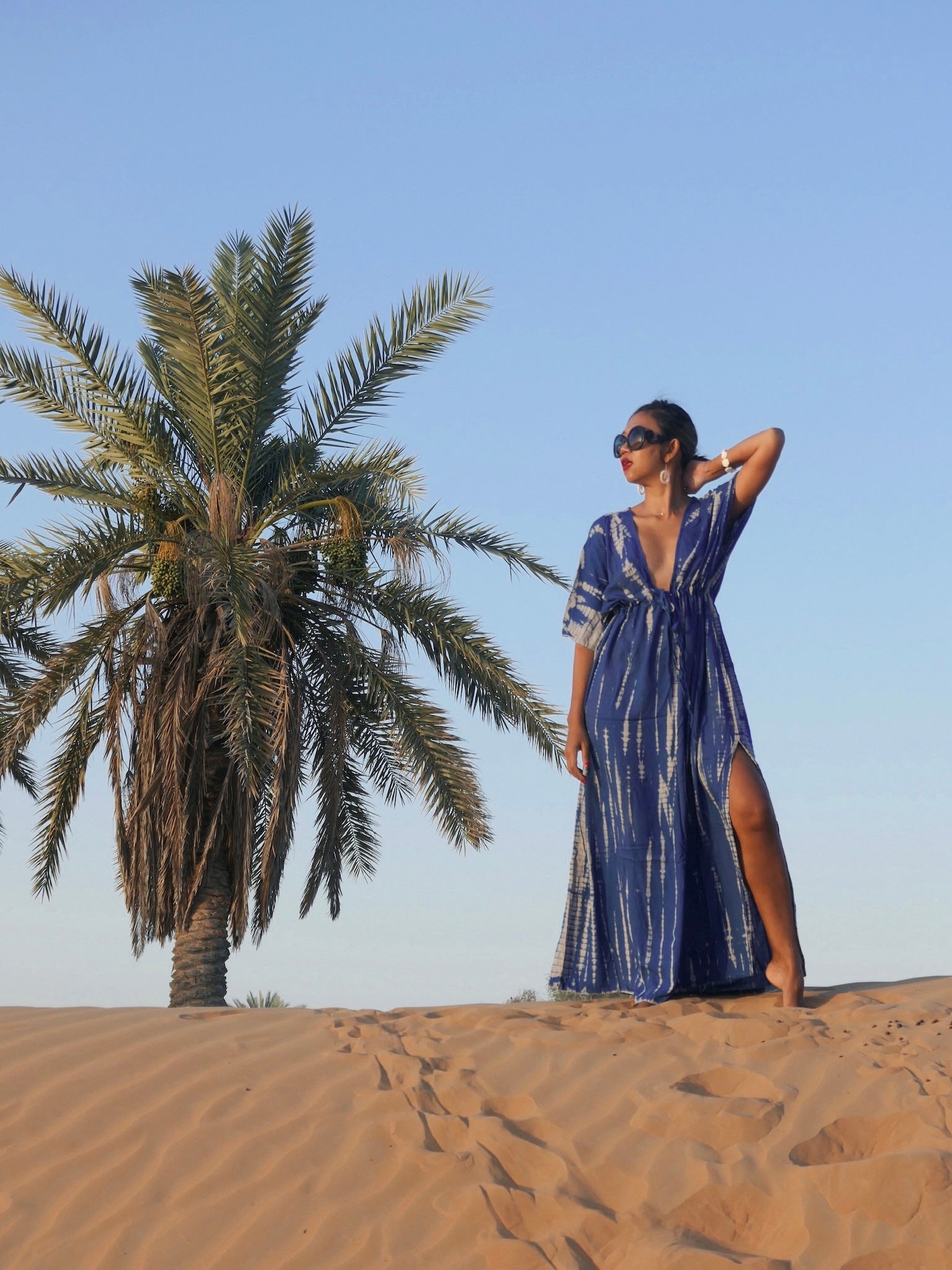 Switch to vacay mode with our Goddess Tie Dye Kaftan Maxi Dress, Long kaftan in blue, perfect for resort wear for your next vacation with Coco de Chom