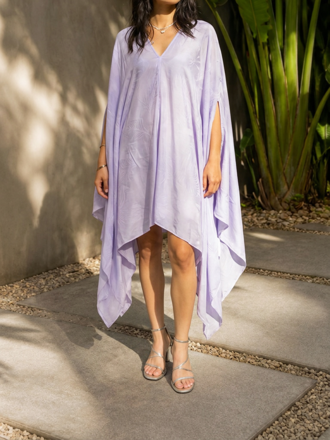 Lavender Soleil Mini Kaftan Cover Up, flowy oversized beach cover up and resort top with deep V neckline for poolside lounging and cruise outfits