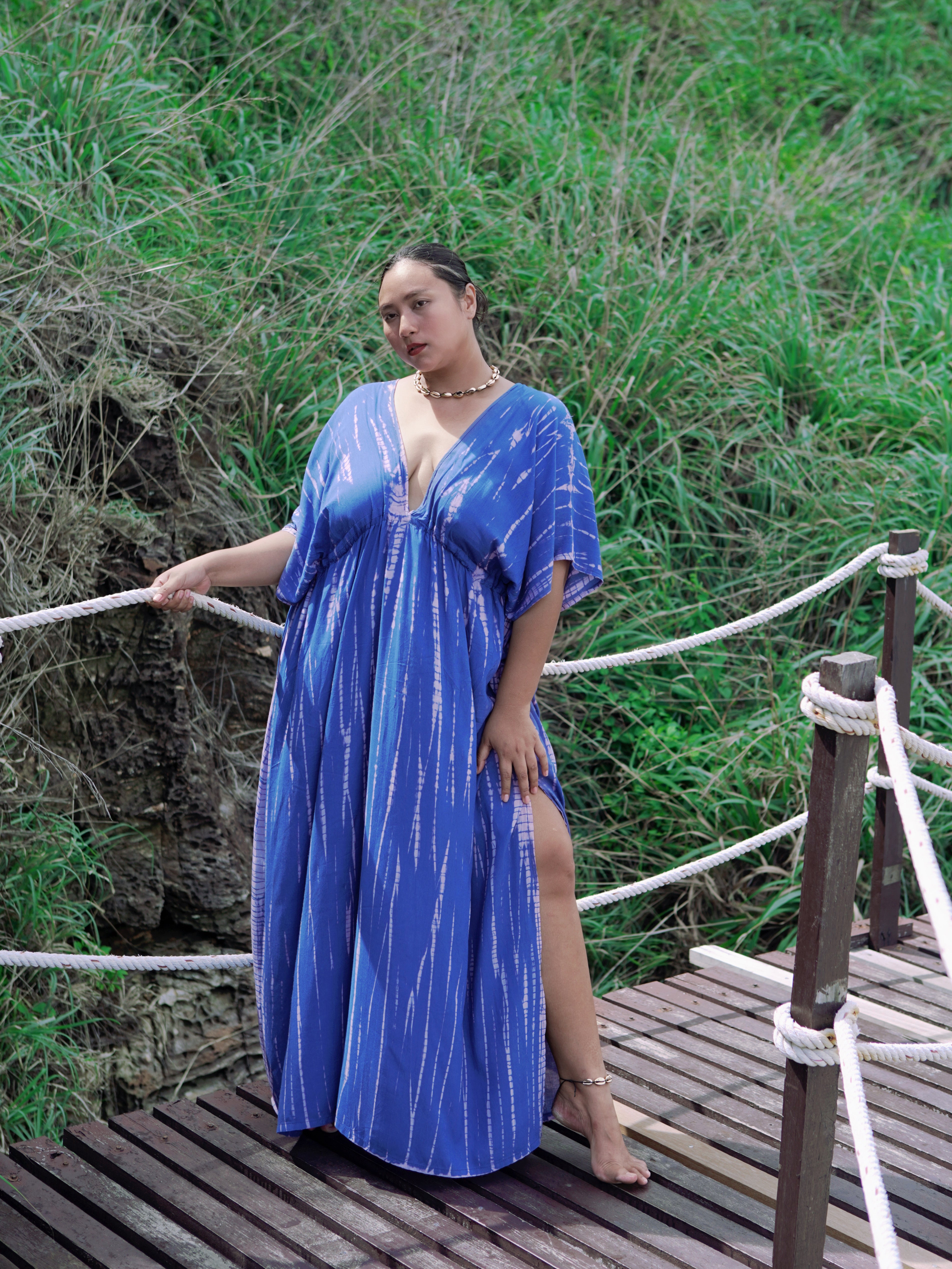 Goddess Tie Dye Kaftan Maxi Dress - Blue/Pink