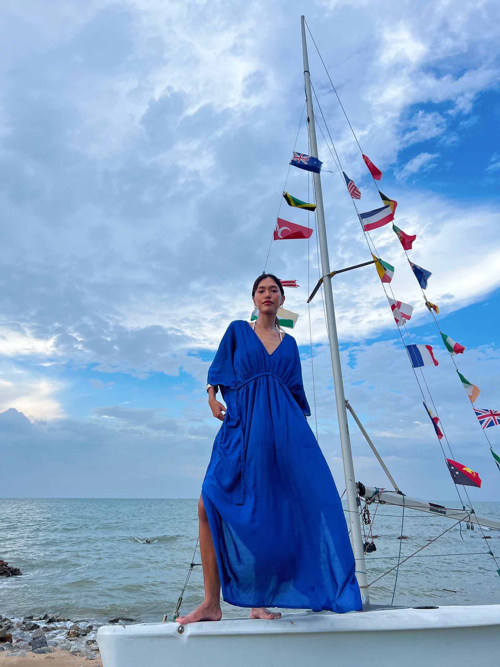 Rachel Long Kaftan - Satin Guipure - Storm Blue