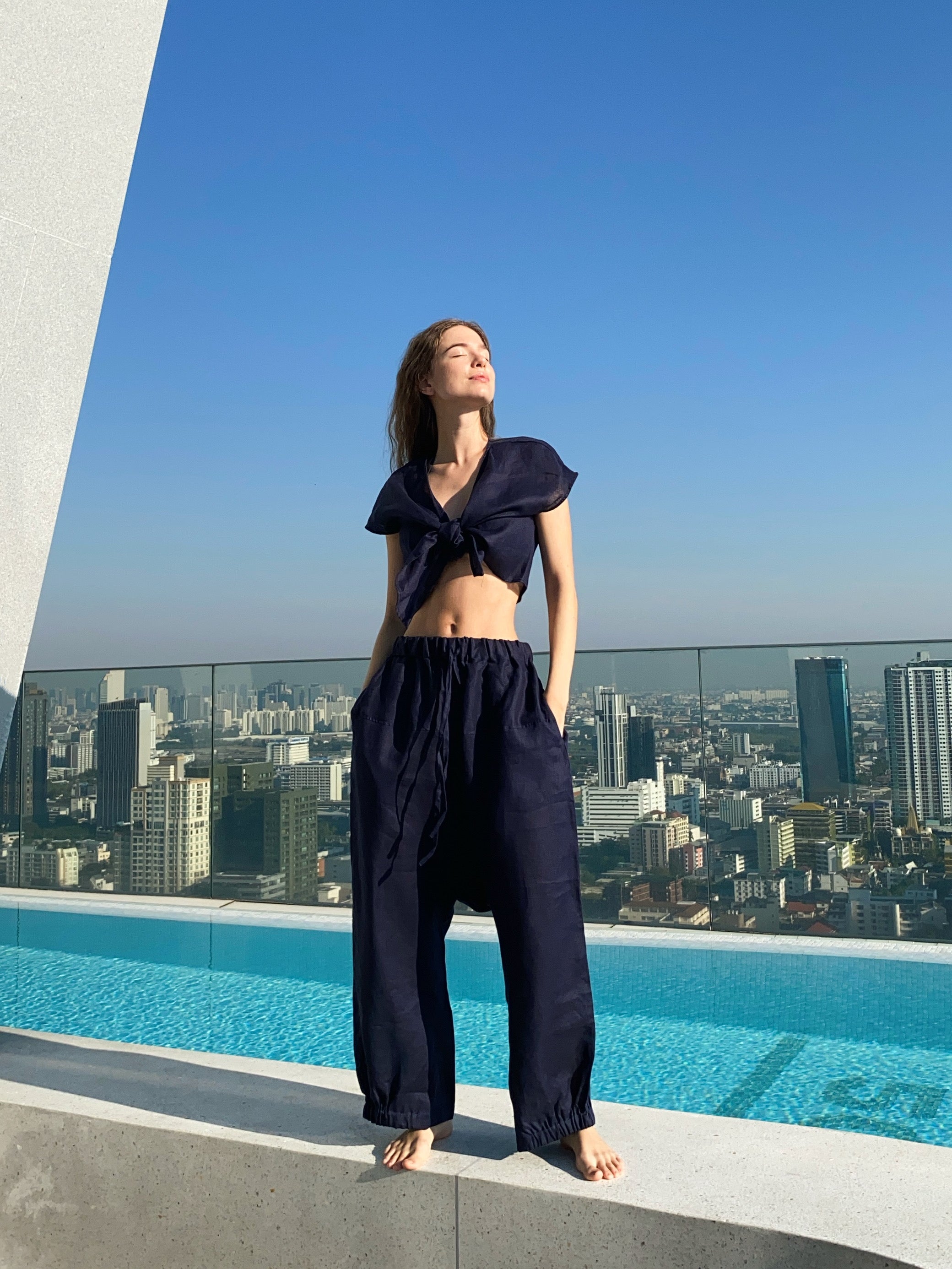 Shop Bohemian Linen Harem Pants Navy Designed for vacation outfits concert outfits or yoga lover