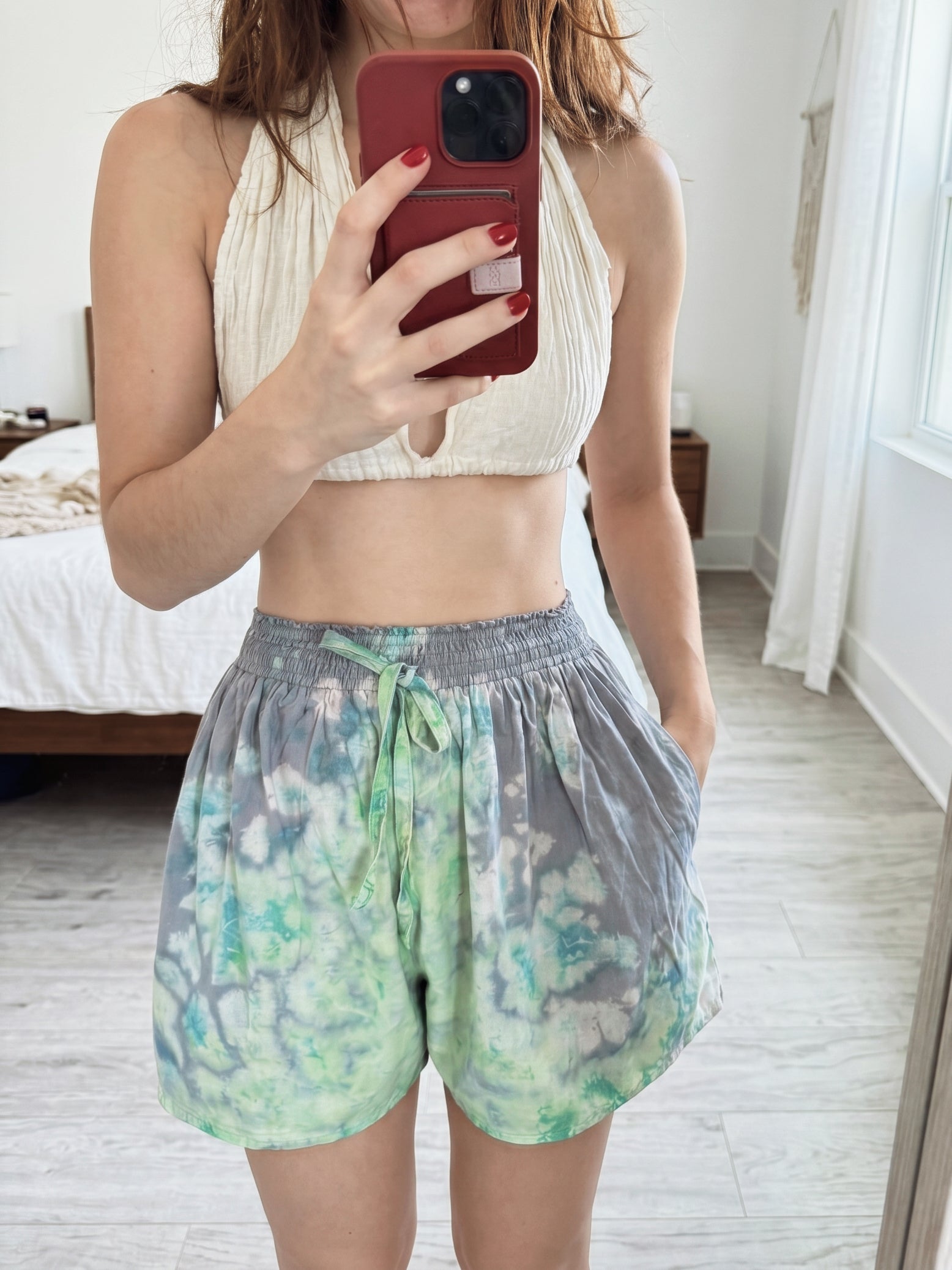 Seafoam teal tie-dye shorts with elastic waist and pockets, lightweight rayon beach cover-up shorts for vacation, resort wear, and summer outfits
