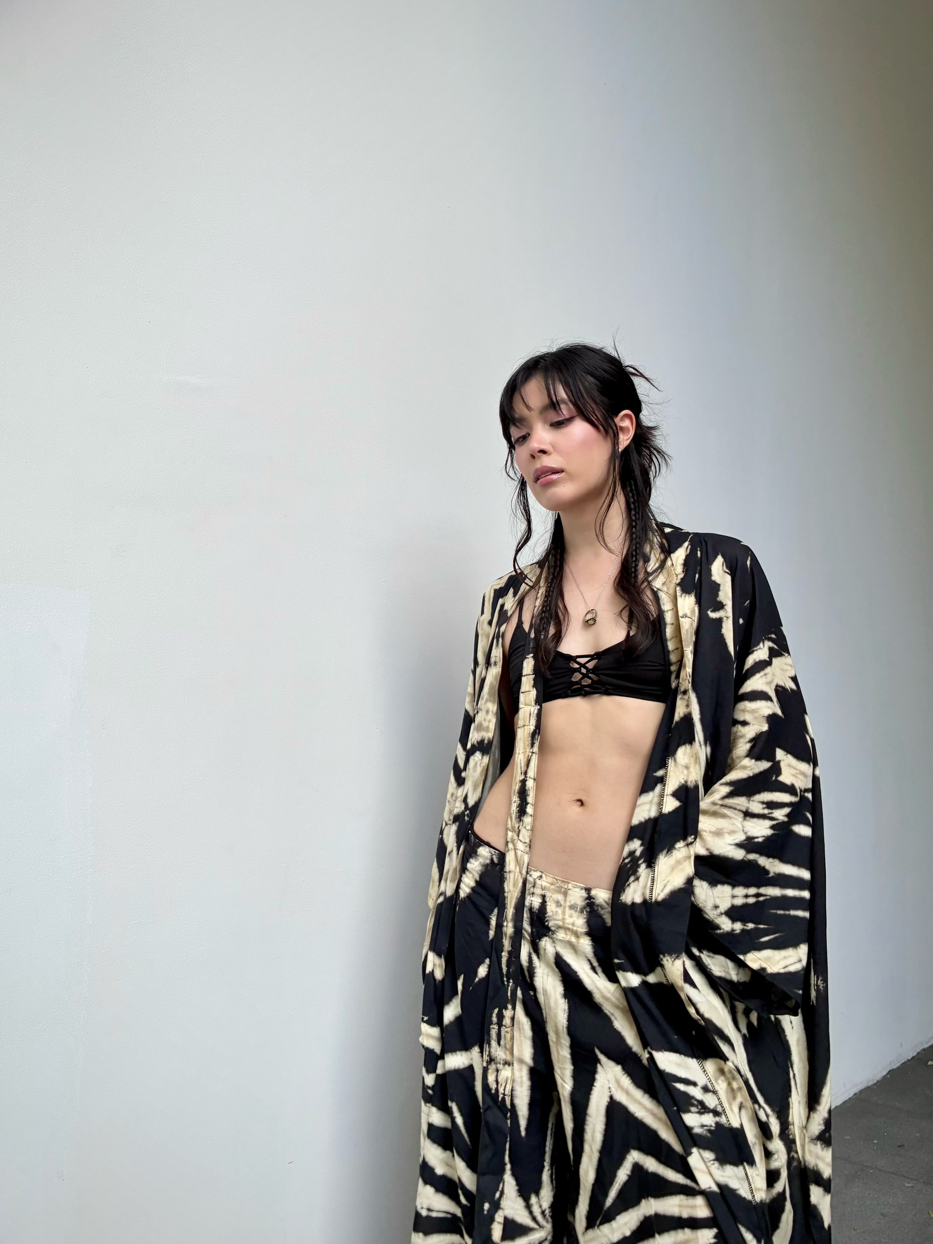 Handmade seashell tie dye kimono robe in black, long kimono robe boho beach outfit 