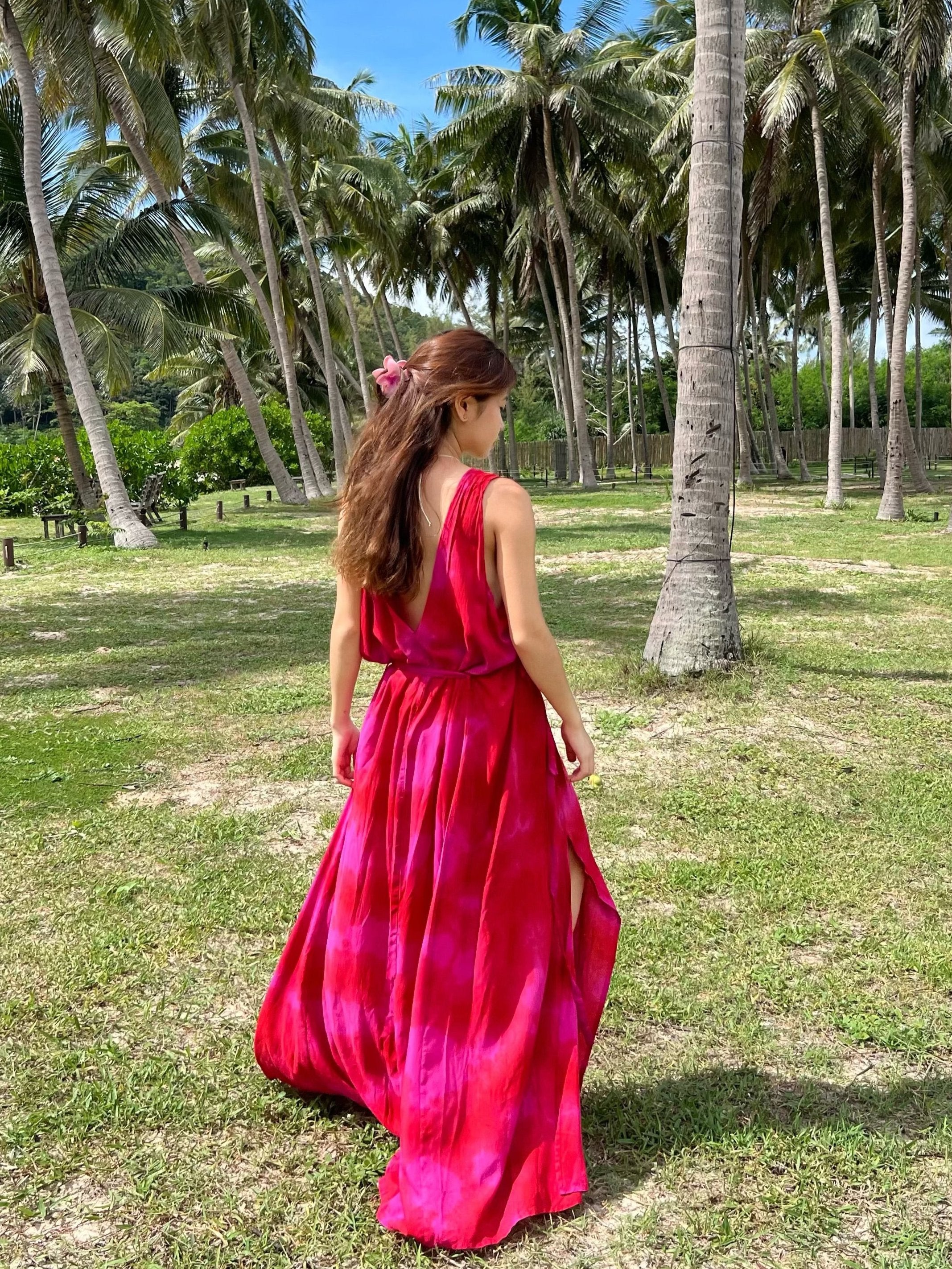 Shop Tie dye V Neck Maxi Dress Fuchsia - Casual Loose fit Resort Dress - Bohemian Beach Maxi Dress Tie Dye | Coco De Chom