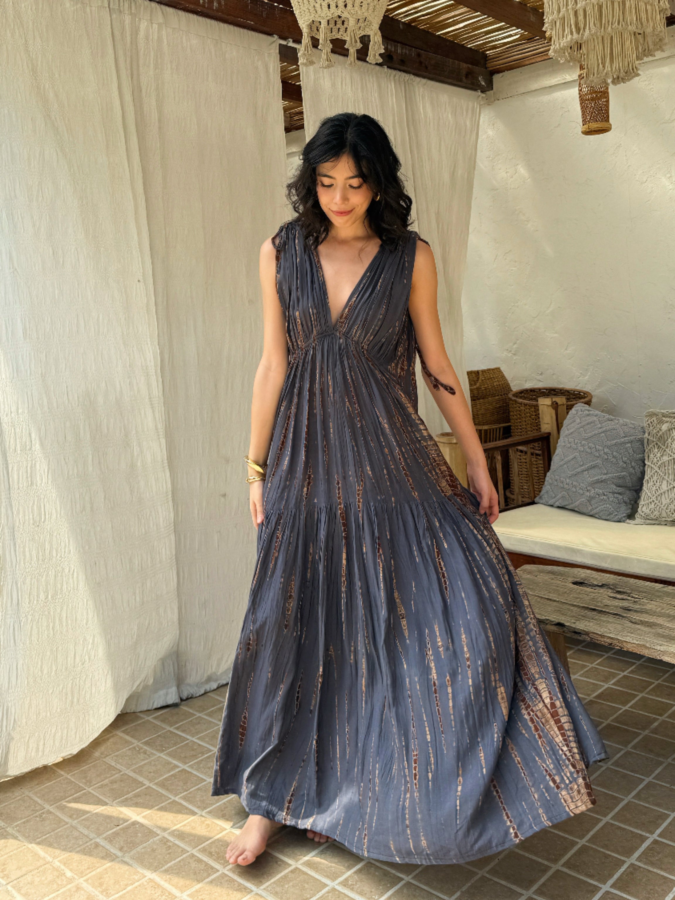 Model wearing the handmade Athena Goddess Kaftan Dress, a tie-dye maxi with pockets, flowy silhouette, and deep V-neckline—perfect for summer dress, beach coverup, resort wear or festivals.
