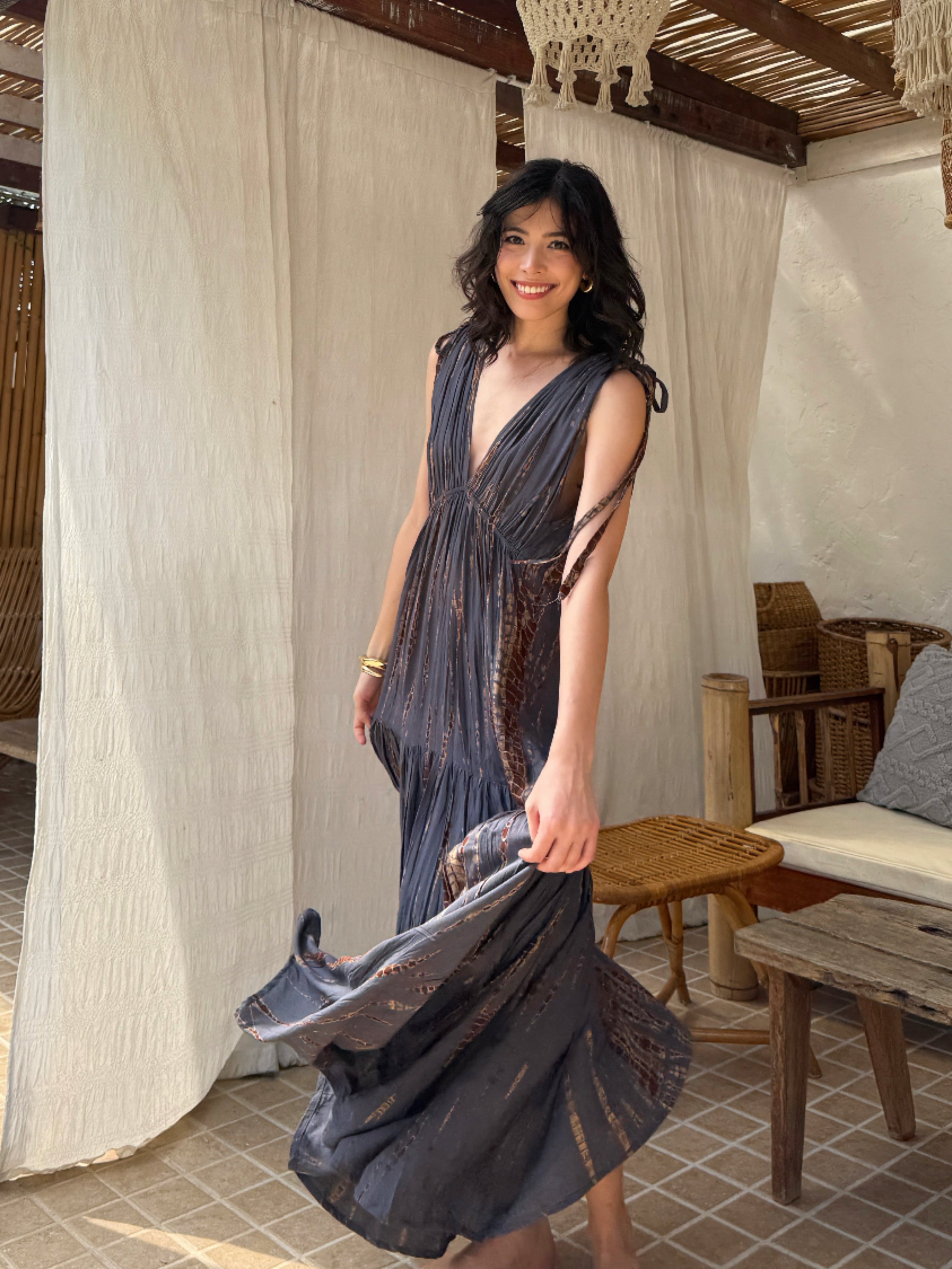 Model wearing the handmade Athena Goddess Kaftan Dress, a tie-dye maxi with pockets, flowy silhouette, and deep V-neckline—perfect for summer dress, beach coverup, resort wear or festivals.

