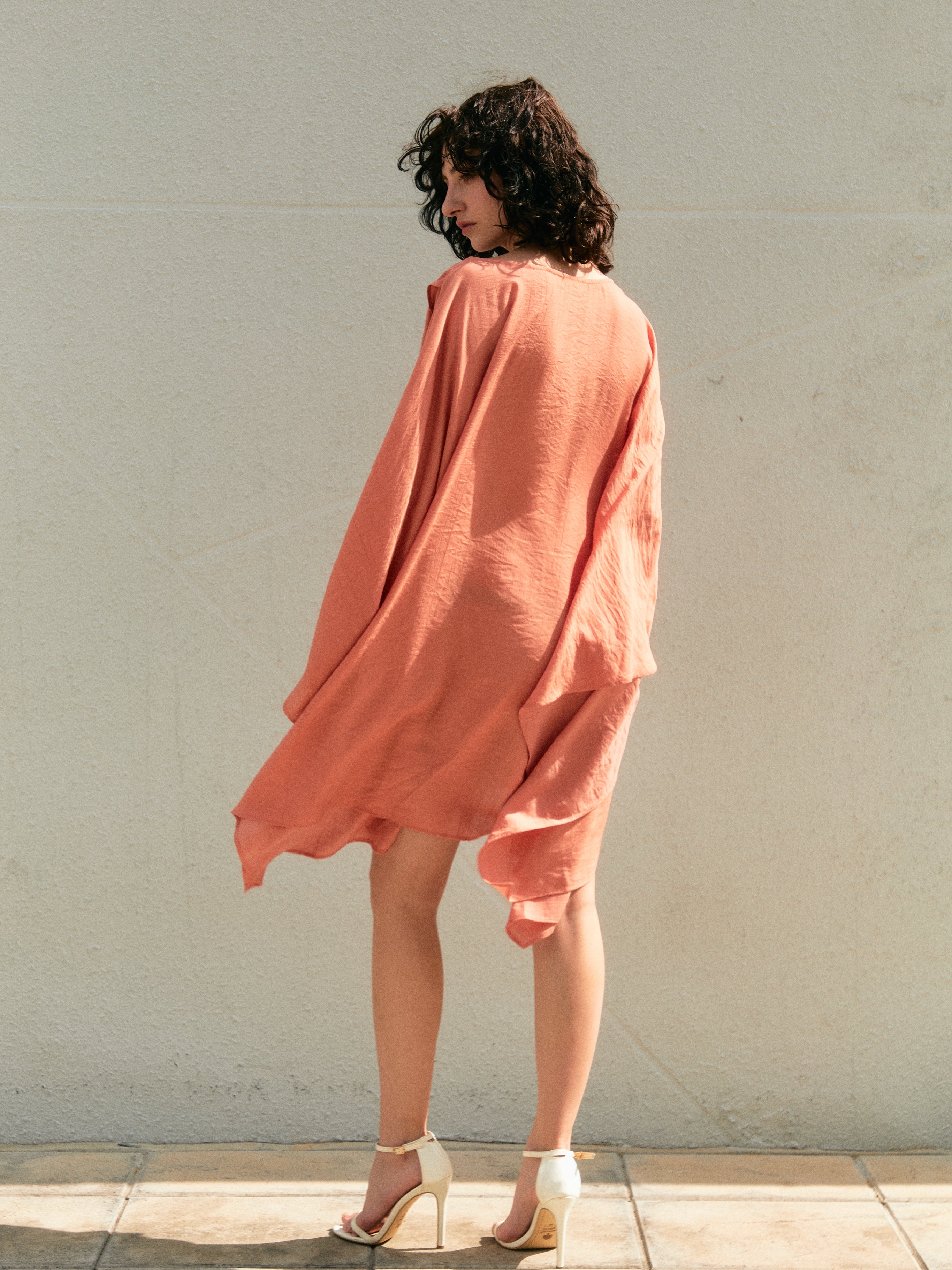 Coral boho resort kaftan top, 3-in-1 styling as tunic top or mini dress, one size beach cover up with flattering flowy fit

