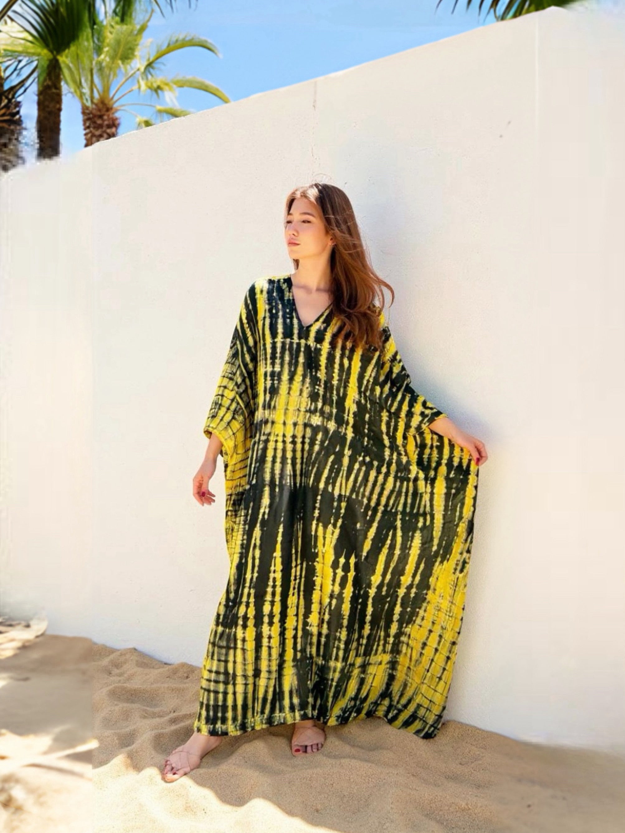 Shop Boho Tie Dye Kaftan, Oversized Caftan in yellow, Maxi Kaftan in tie dye, all handmade with love with Coco de chom